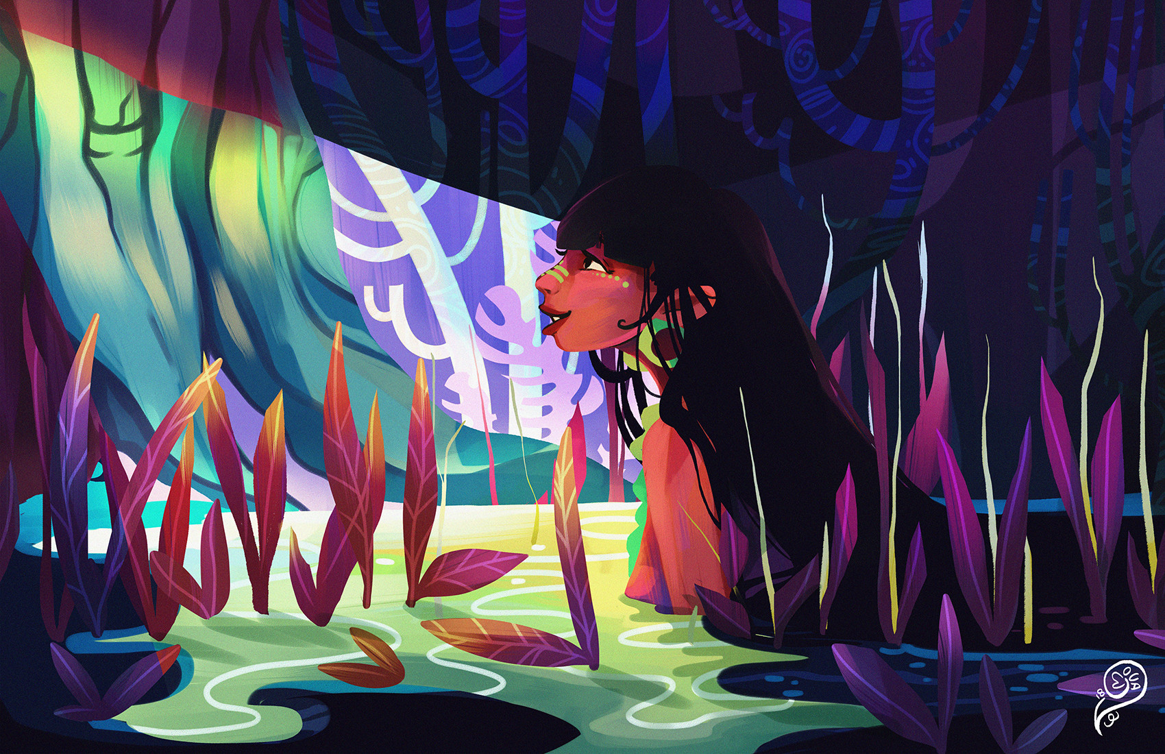 General 1700x1100 Vanessa Morales illustration colorful women brunette long hair nature water plants trees river artwork