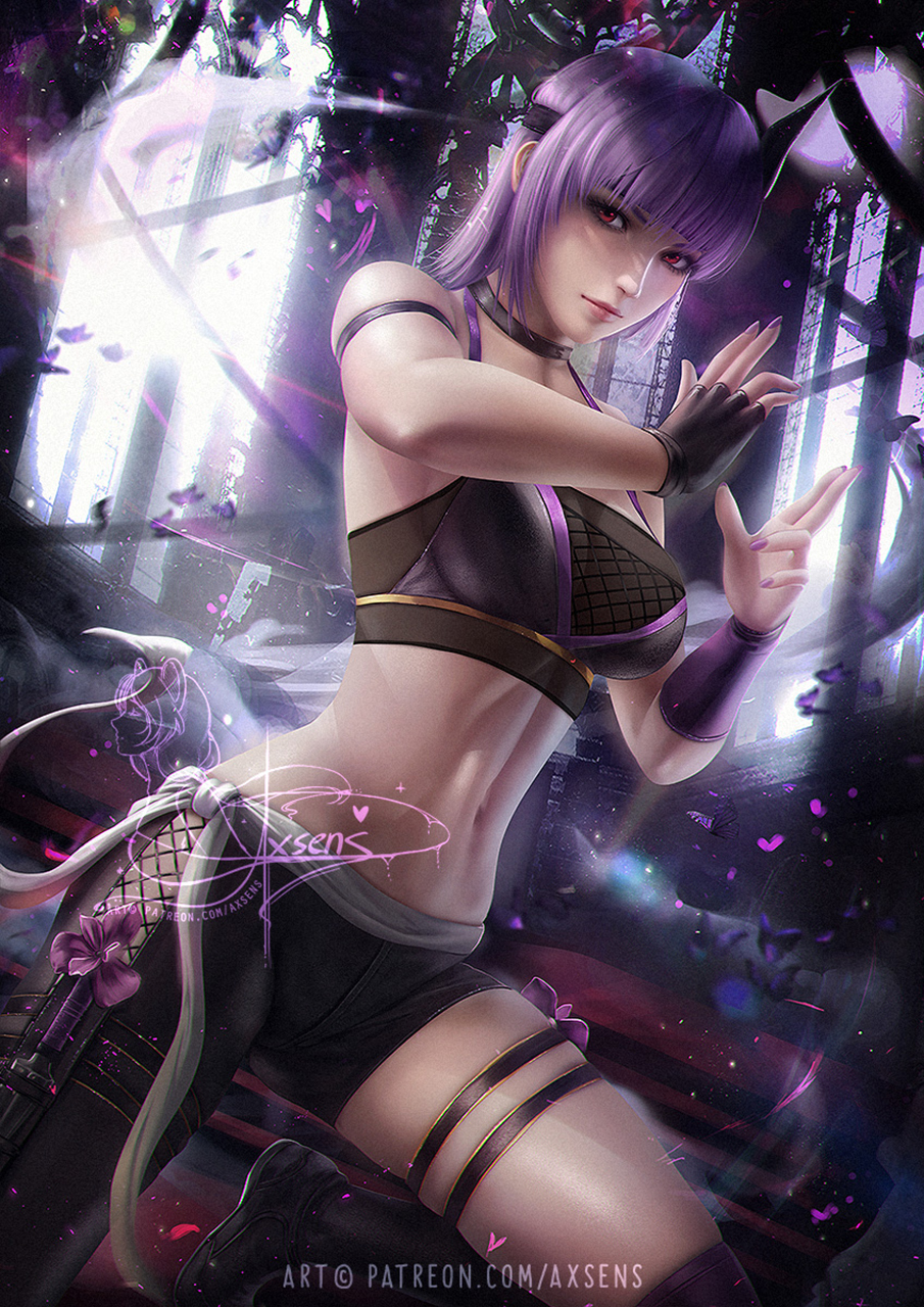 General 905x1280 Axsens Dead or Alive women purple hair gloves looking at viewer red eyes straps sportswear video games video game girls video game warriors video game characters Ayane (Dead or Alive) boobs belly fingerless gloves