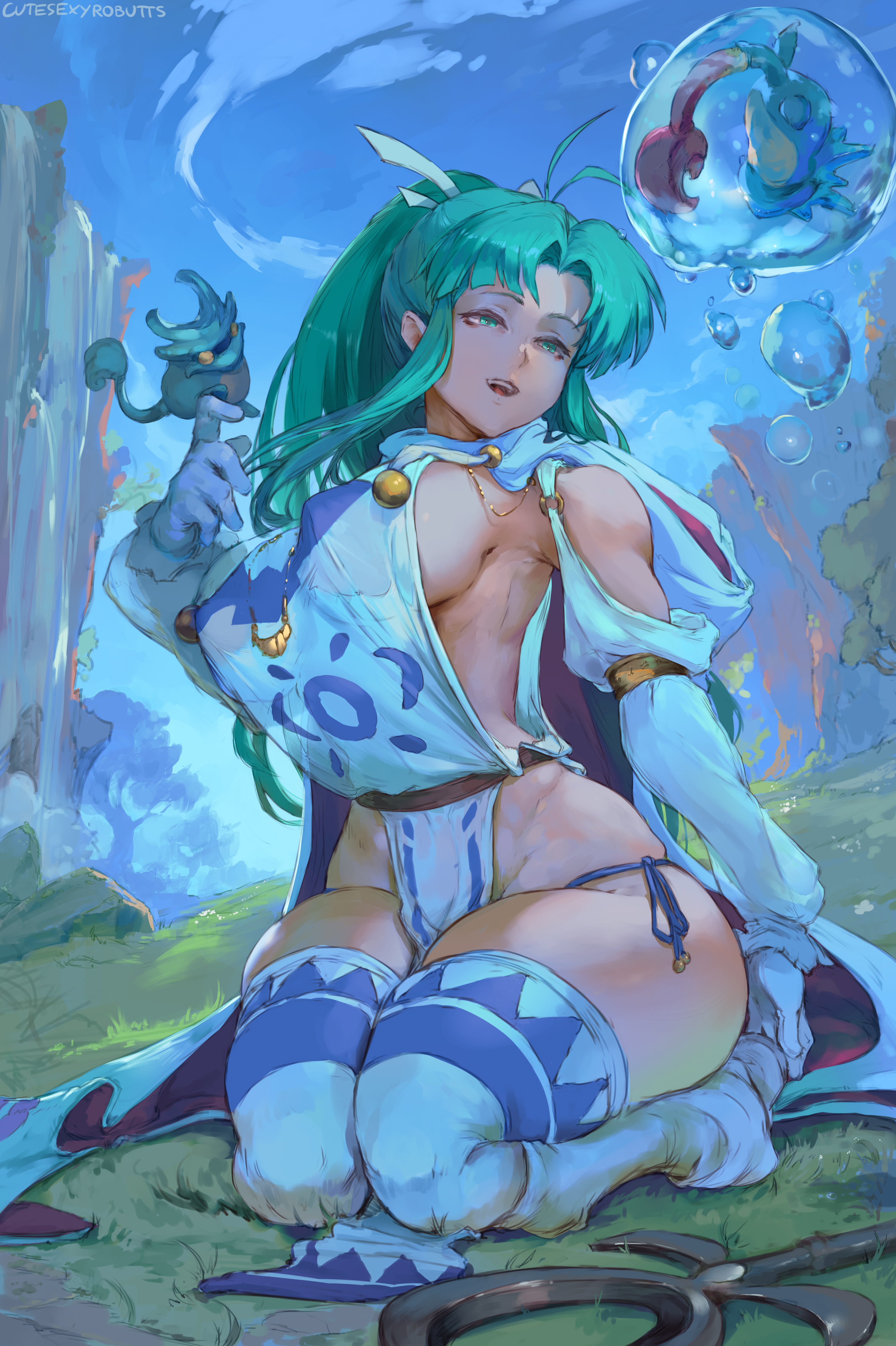 Anime 4331x6500 Mary (Golden Sun) Golden Sun video games video game characters video game girls cyan hair ponytail blue eyes smiling no bra sideboob skimpy clothes nipple bulge thick thigh thigh-highs kneeling curvy sky portrait display 2D artwork drawing digital art illustration fan art Cutesexyrobutts looking at viewer blue