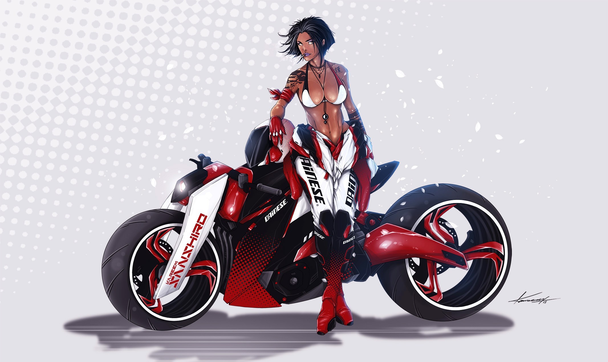 General 2133x1273 motorcycle comic art vehicle women with motorcycles artwork dark hair bra boobs belly leaning