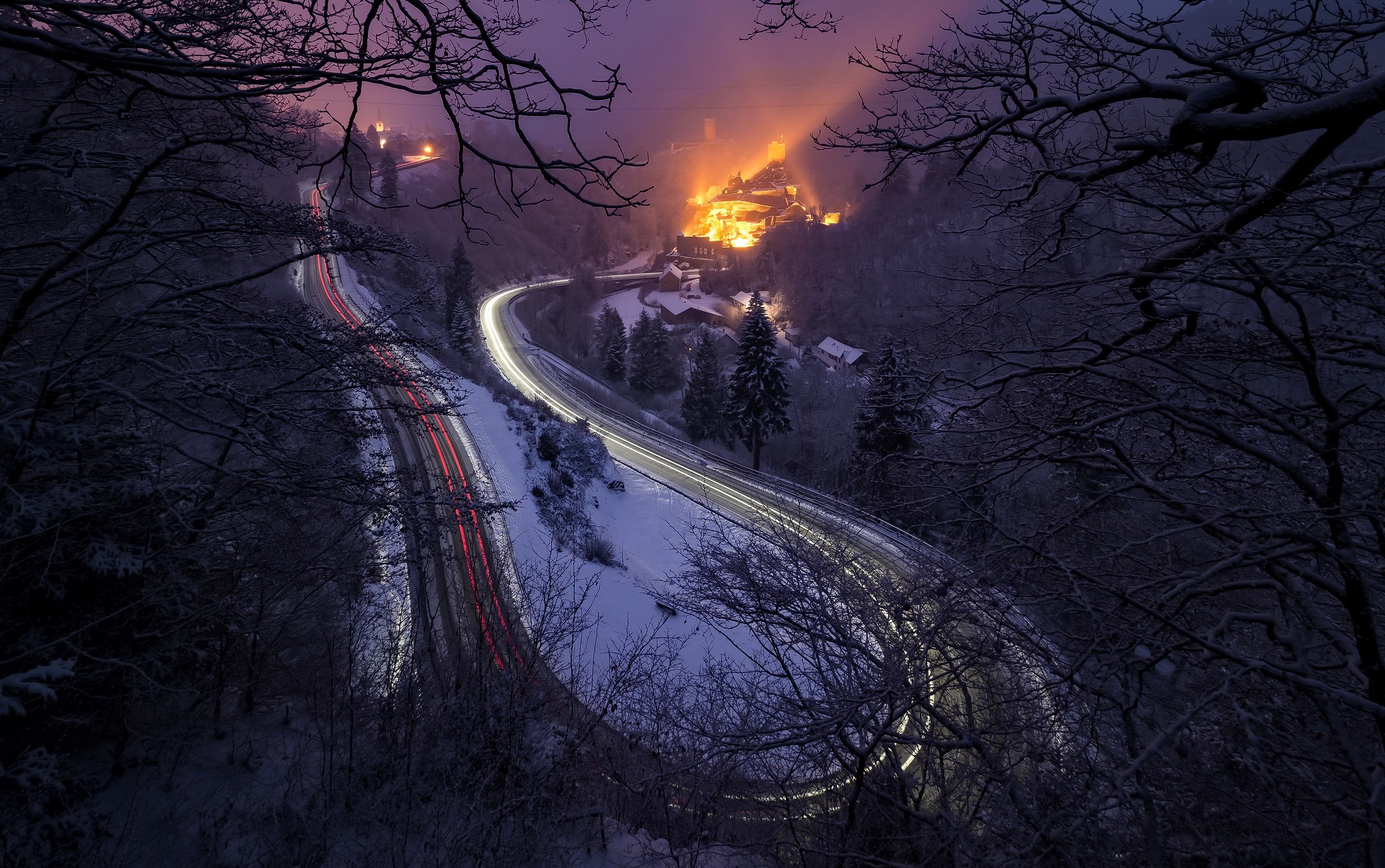 General 2048x1284 dark road long exposure lights winter trees hairpin turns