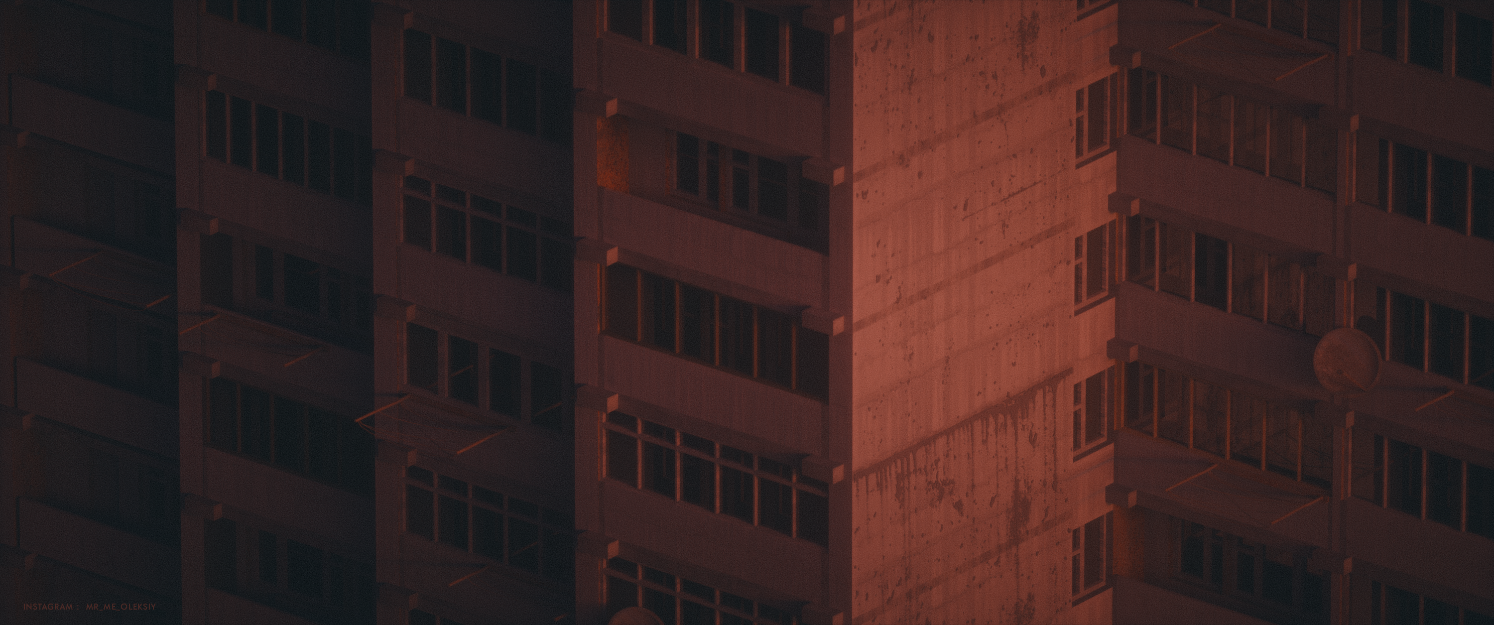 General 3000x1255 building architecture abstract USSR Brutalism block of flats sunset glow crimson