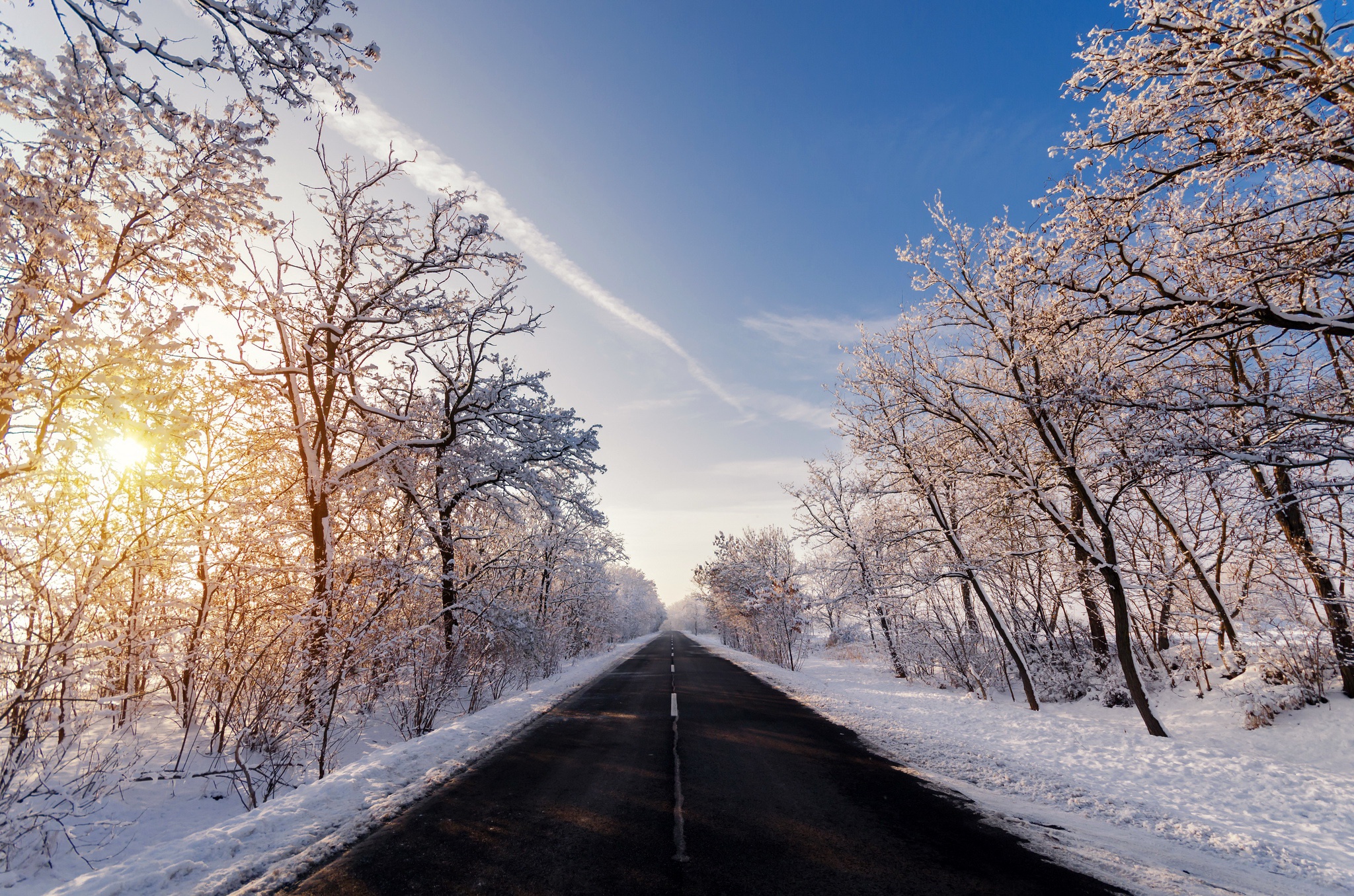 General 2048x1356 winter road trees outdoors asphalt snow long road calm sunlight