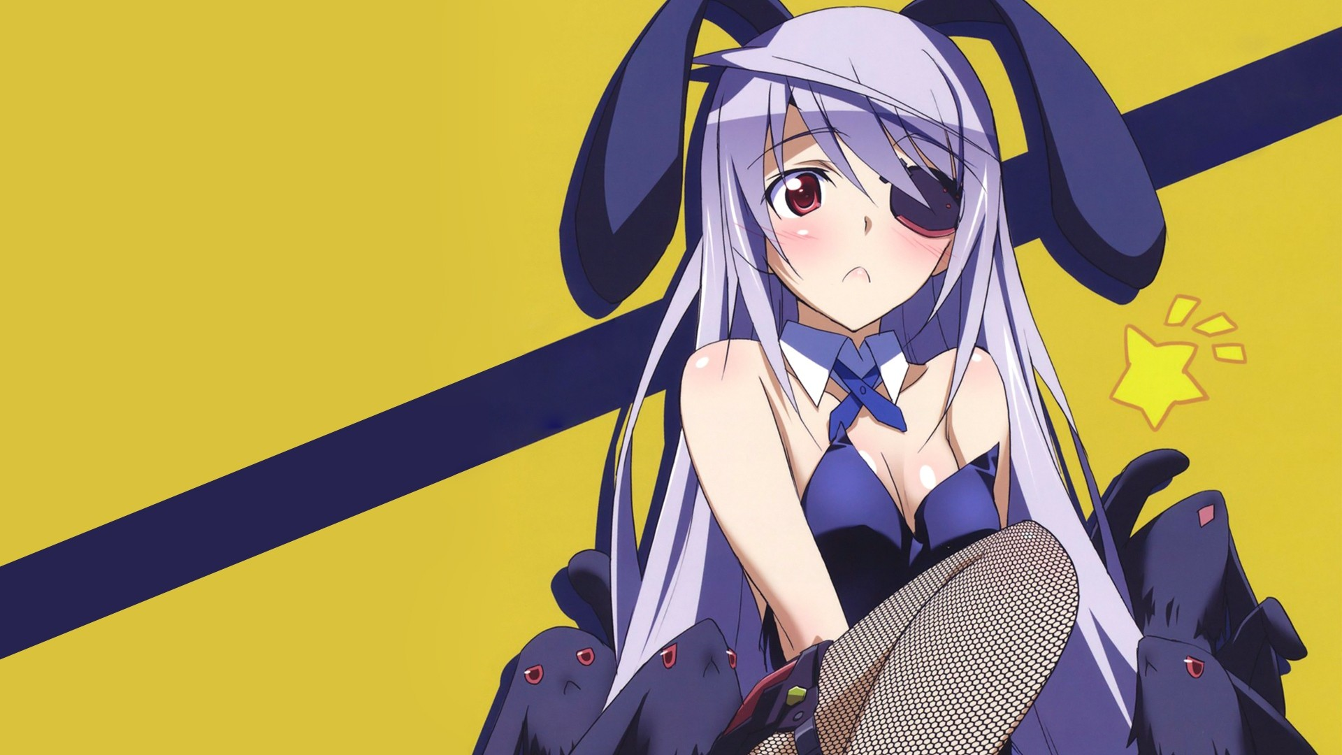 Anime 1920x1080 Infinite Stratos Bodewig Laura  anime rabbits white hair bunny suit eyepatches red eyes anime girls
