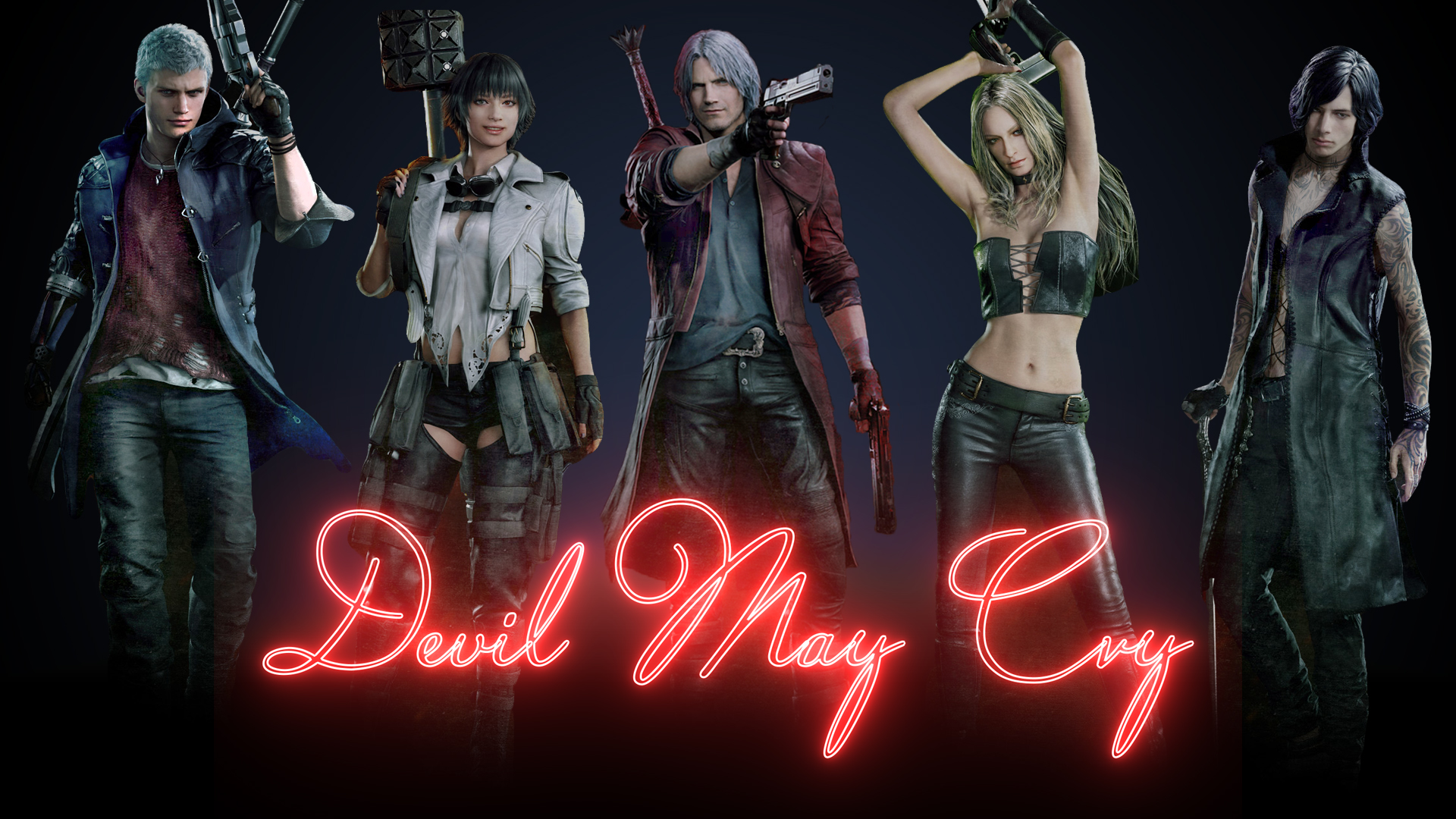 General 1920x1080 Devil May Cry Devil May Cry 5 Dante (Devil May Cry) Nero (Devil May Cry) Lady (Devil May Cry) neon boys with guns gun gloves fingerless gloves aiming smiling video games video game characters