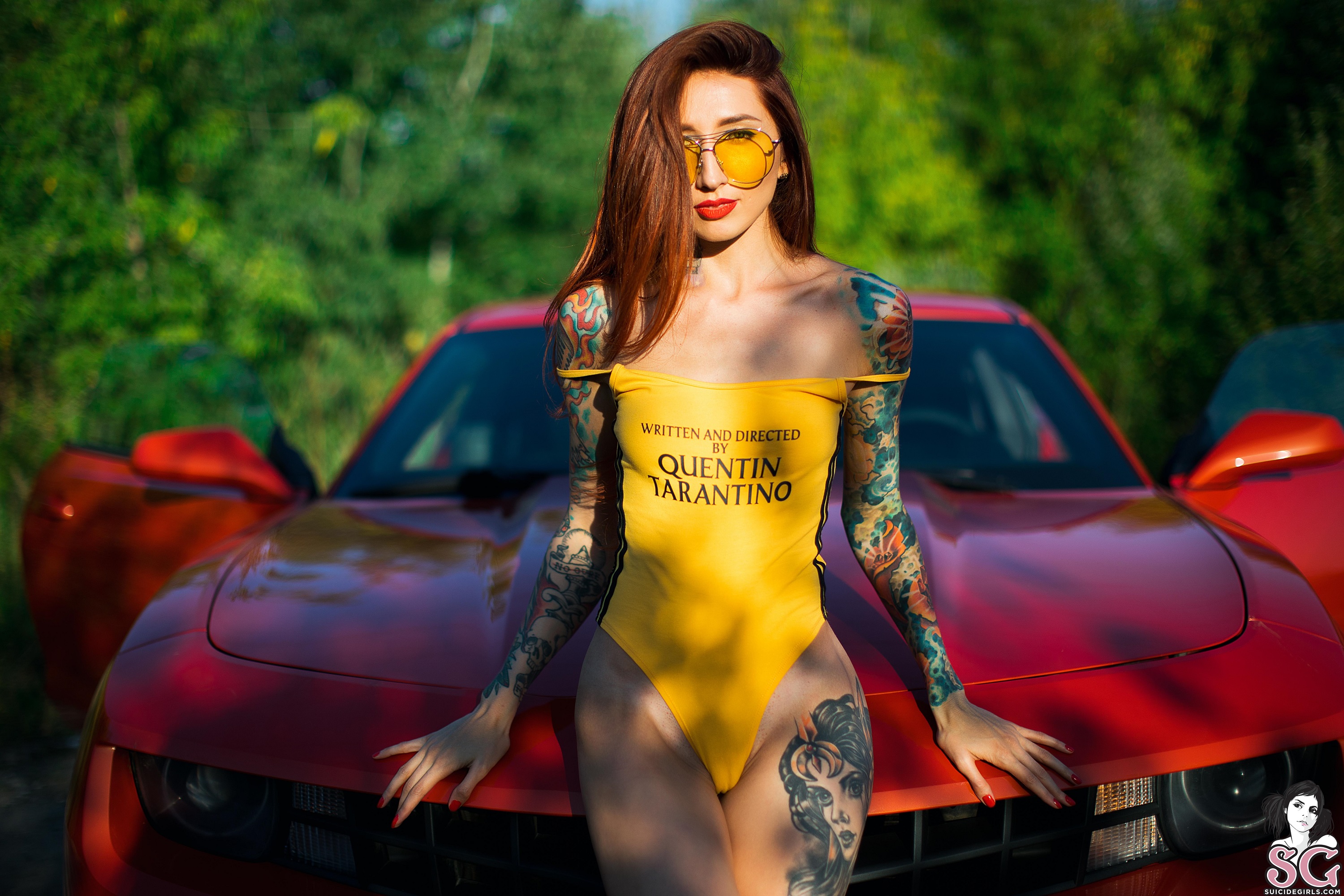 People 3000x2000 Elune_ Suicide women model redhead long hair looking at viewer women with shades red lipstick smiling bare shoulders bodysuit monokinis depth of field Chevrolet Chevrolet Camaro car red cars vehicle women with cars inked girls tattoo outdoors women outdoors Suicide Girls crotch floss shaved pubic hair muscle cars American cars