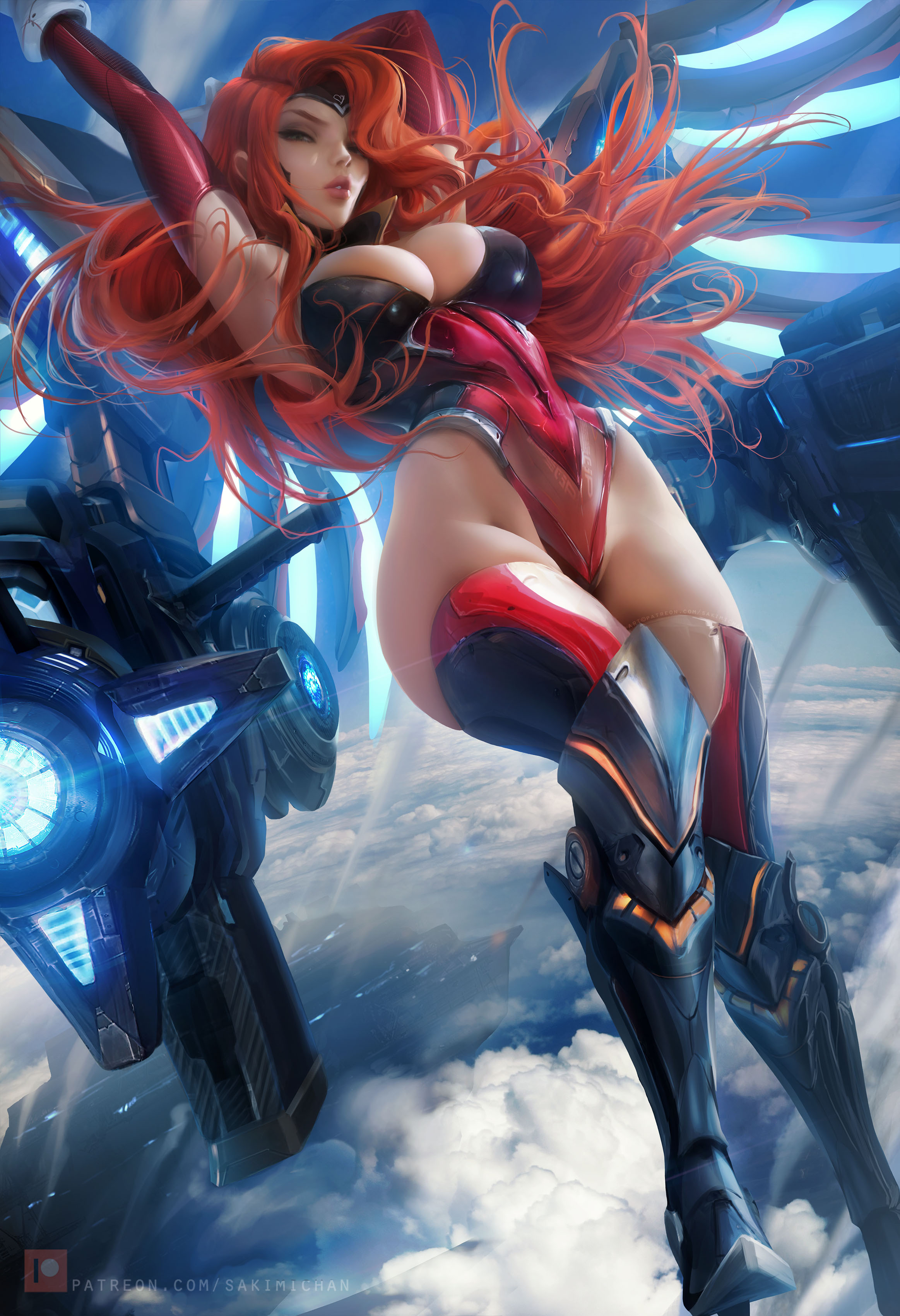 General 2326x3400 Miss Fortune (League of Legends) League of Legends video games video game characters video game girls women fantasy girl redhead long hair looking at viewer cleavage big boobs bodysuit thigh-highs weapon wings flying sky clouds video game art fan art artwork digital art drawing Riot Games Sakimichan