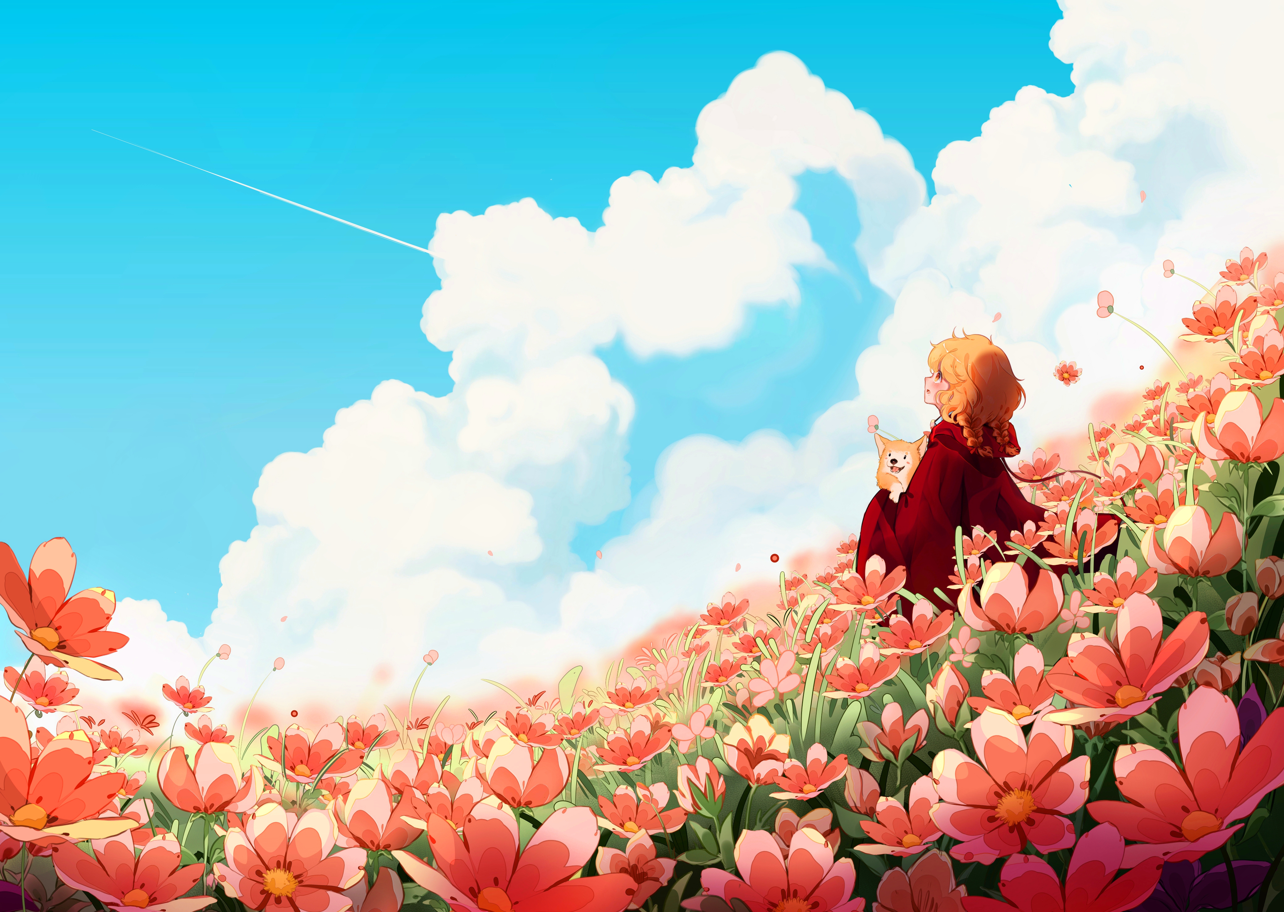 Anime 4156x2953 Touyachann looking up pink flowers red hoodie twintails women outdoors field flowers clouds sky dog animals landscape looking away grass red coat