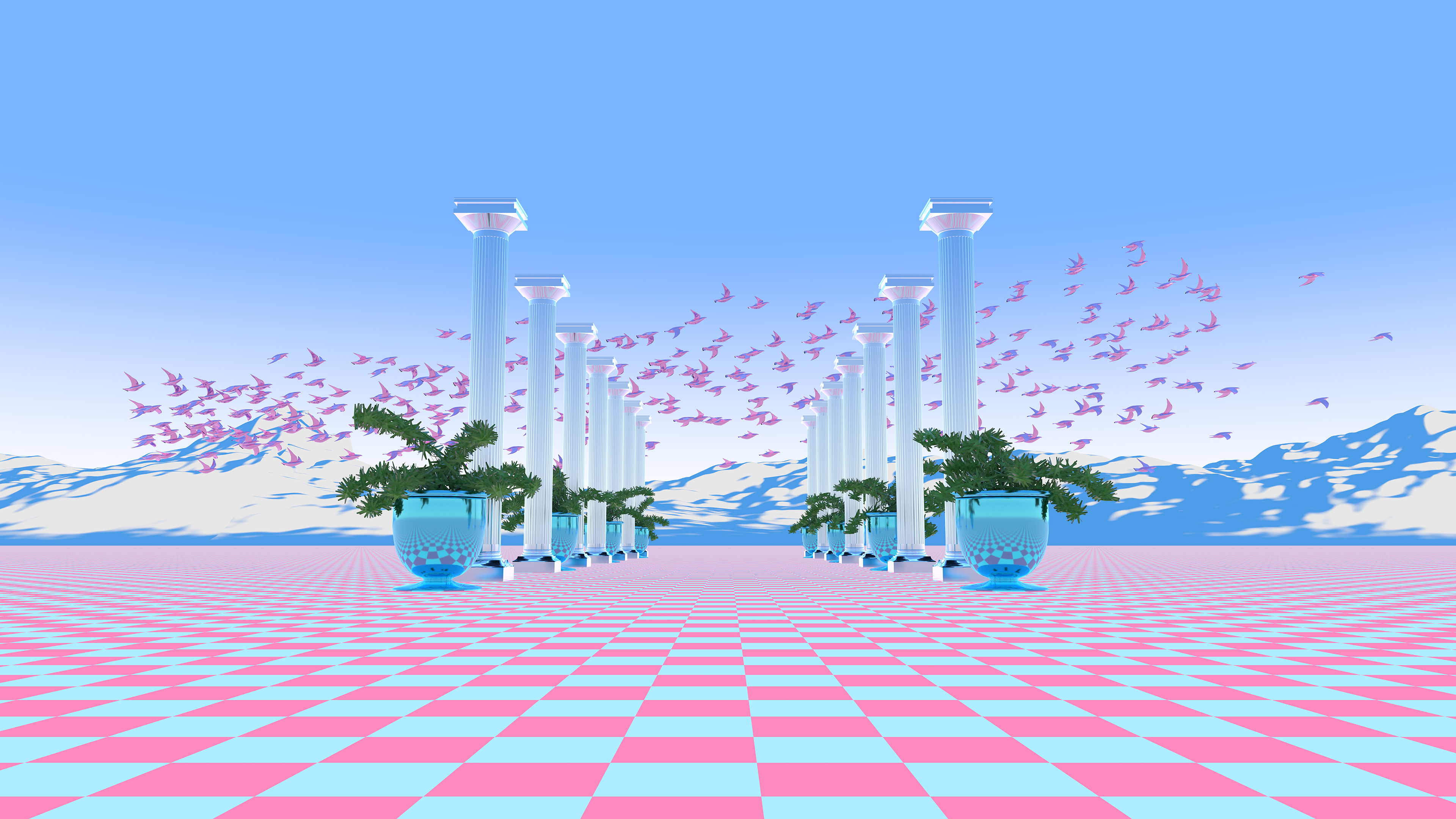 General 3840x2160 vaporwave digital art pillar vases pink blue flock of birds potted plant plants sky surreal turquoise checkered