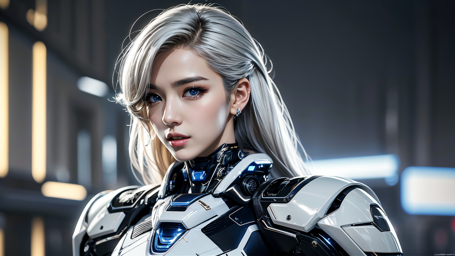 General 1920x1080 AI art women white hair robotics cyborg armor face blurry background earring long hair looking at viewer parted lips blue eyes