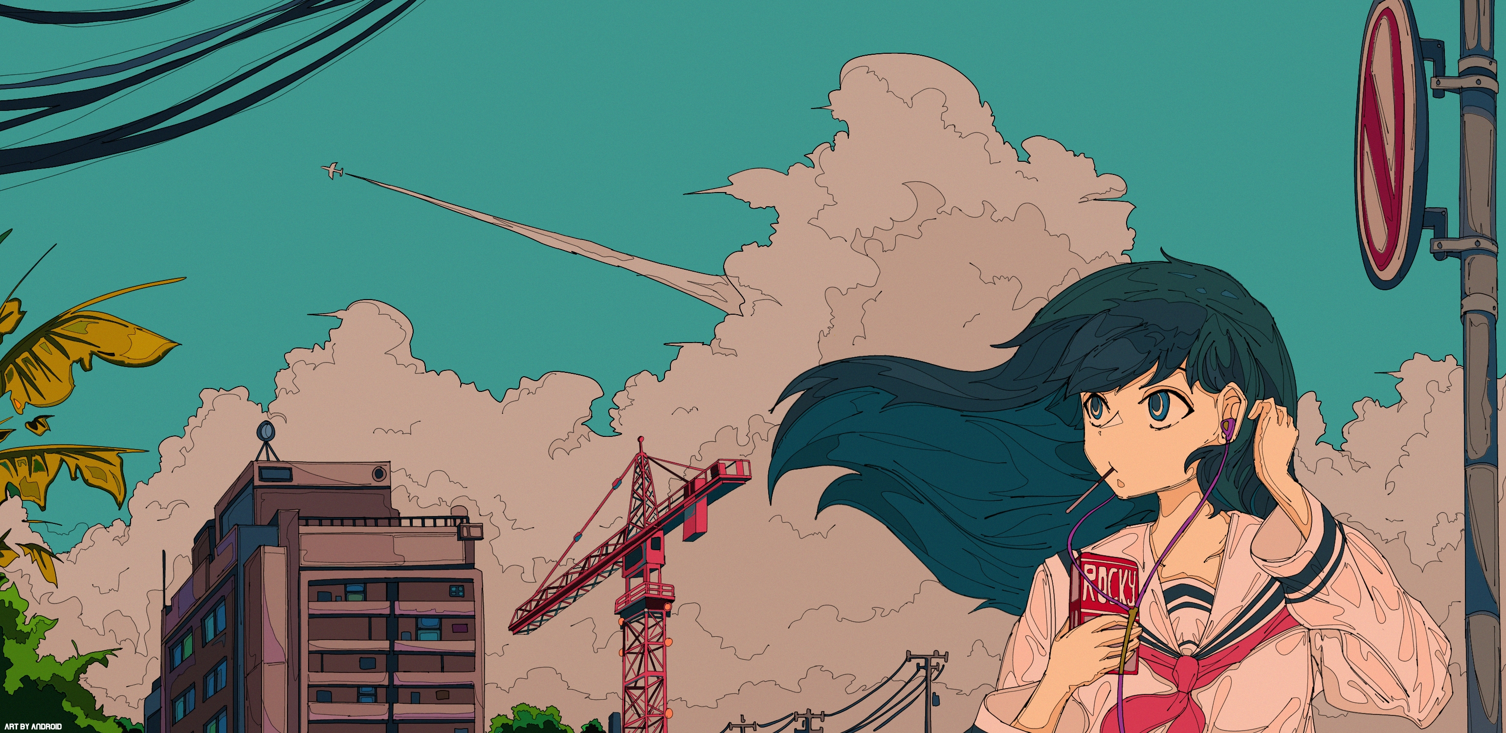 General 3080x1500 clouds road sign blue hair earphones digital art artwork contrails cranes (machine) android (artist) anime looking away long hair hair blowing in the wind building watermarked Pocky wind sky schoolgirl school uniform neckerchief airplane long sleeves aircraft signs utility pole