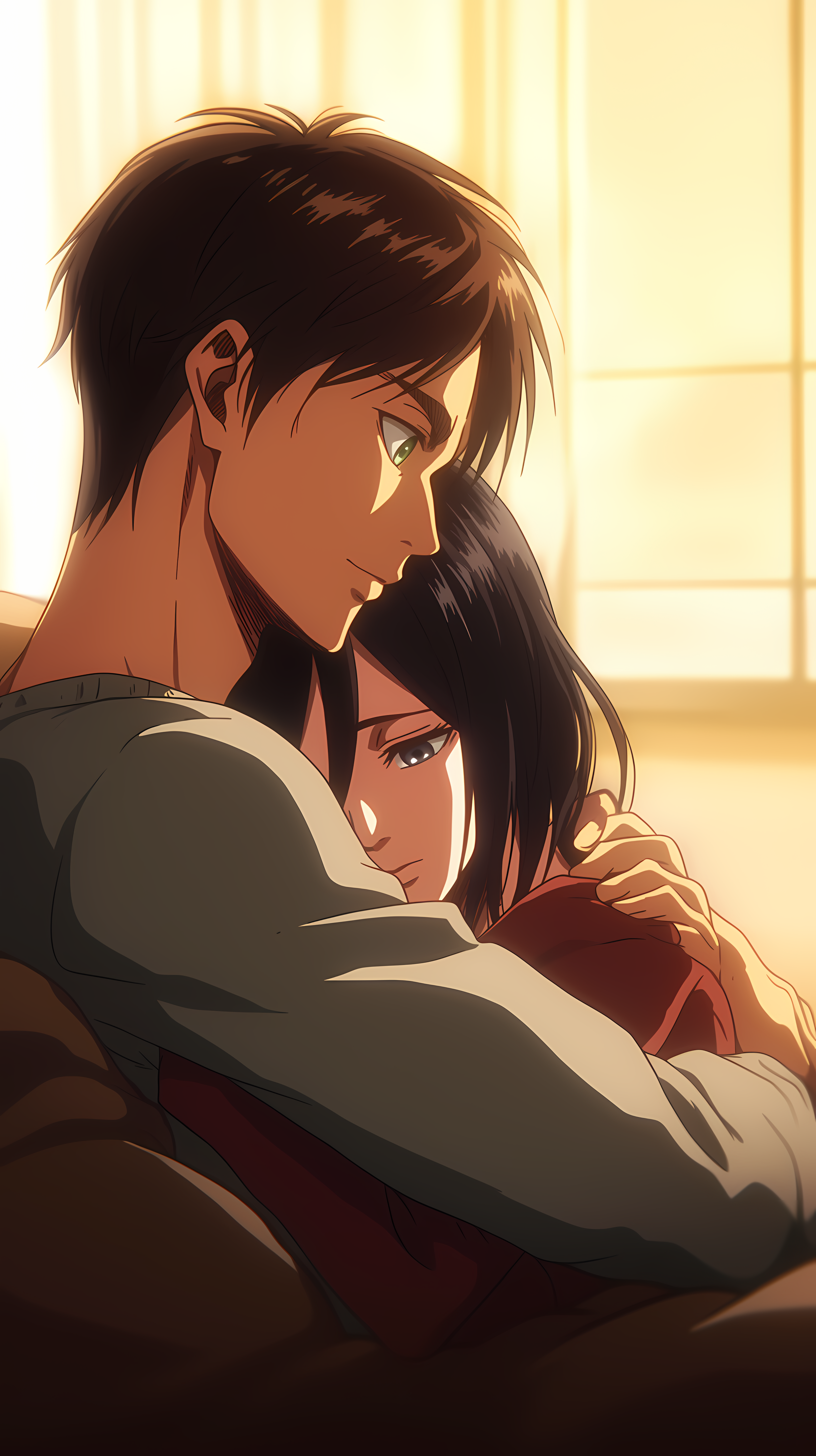 Anime 3264x5824 cuddle Mikasa Ackerman Shingeki no Kyojin Eren Jeager Eternal Love AI art
