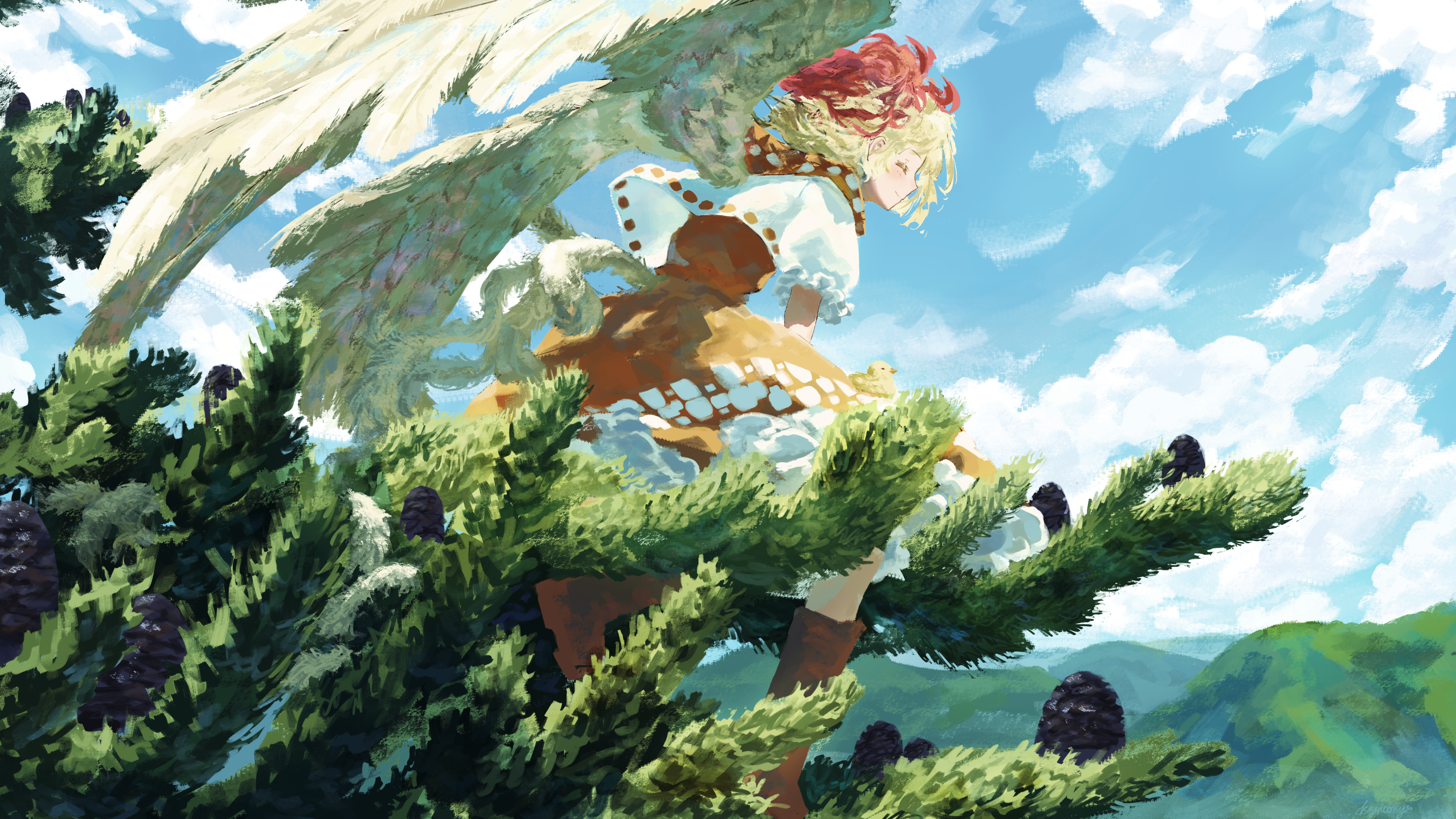 Anime 3200x1800 Touhou scenery landscape bright wings kutaka niwatari dress forest clouds oil painting Pixiv hills