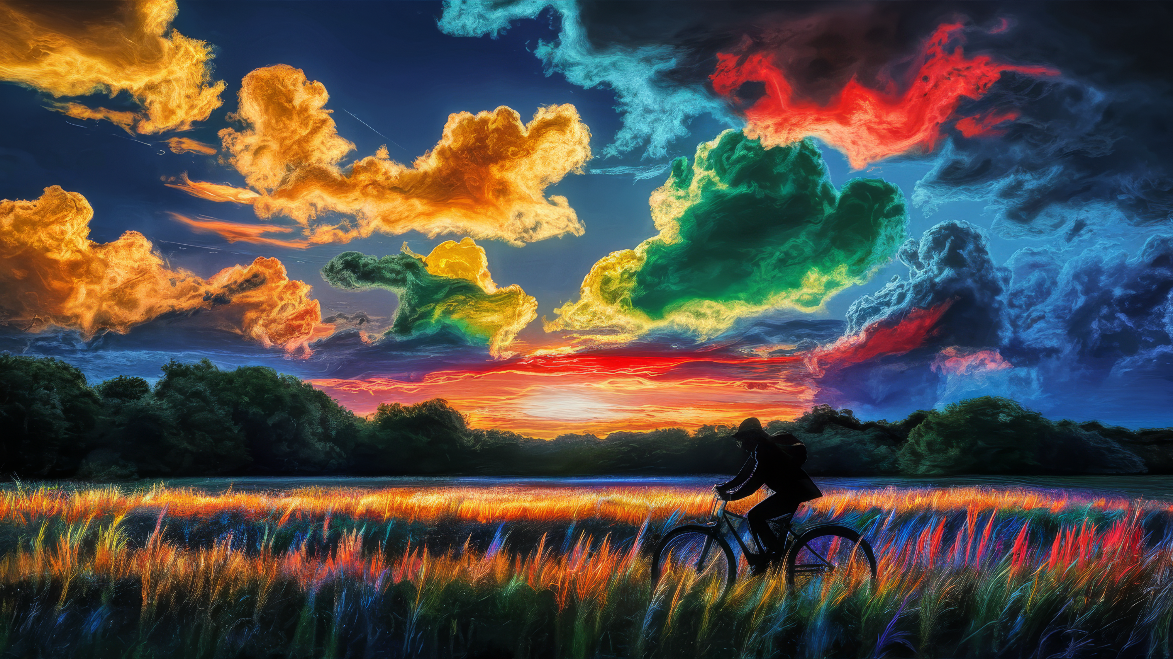 General 4000x2249 bicycle colorful sunrise landscape Sun ride AI art