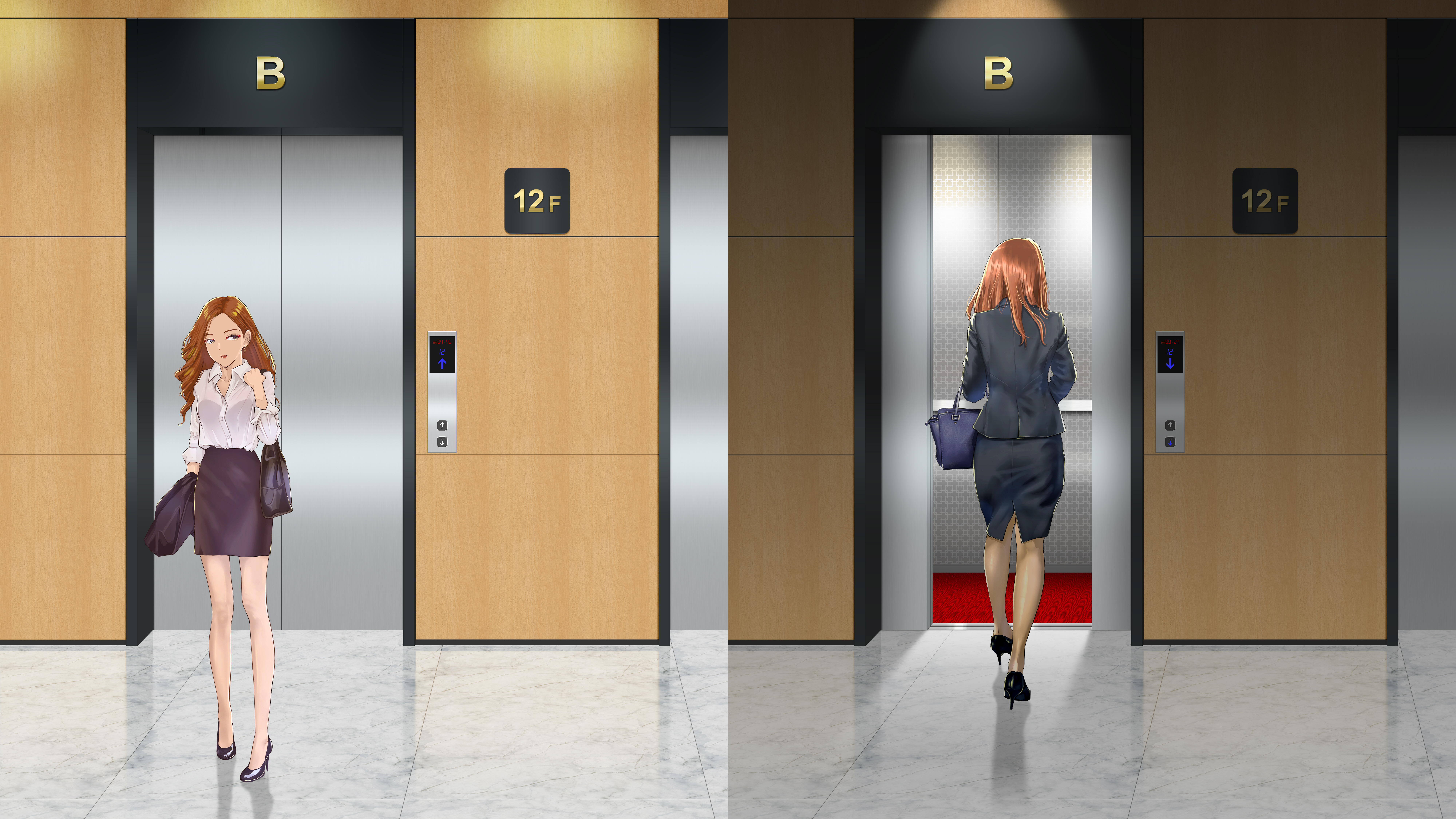 Anime 8000x4500 office girl elevator high heels women