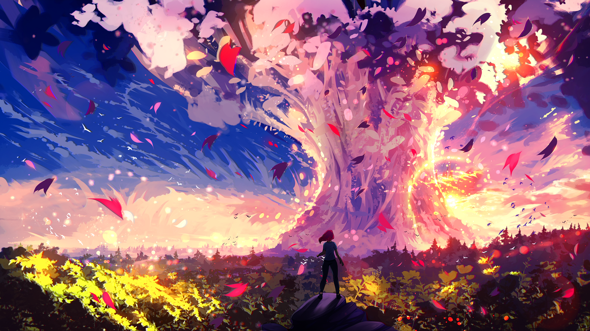 General 1920x1076 greenery explosion colorful people forest windy sky digital art long hair hair blowing in the wind wind trees women glowing nature ryky