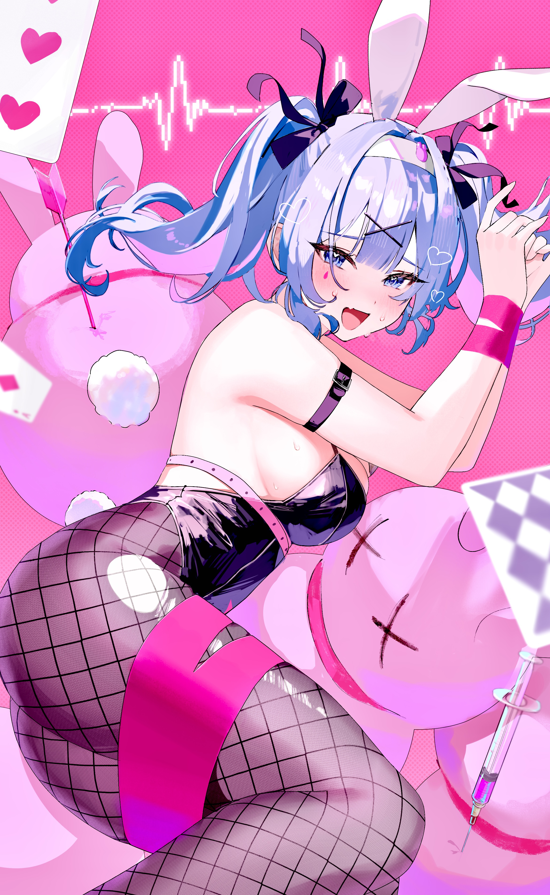 Anime 2341x3808 anime anime girls Vocaloid Hatsune Miku blue hair blue eyes animal ears bunny ears tail bunny tail pink background cards open mouth twintails simple background blushing bound wrists arrows portrait display syringe chest harness fishnet lying on side lying down purple leotard fishnet pantyhose leotard pantyhose bunny suit sideboob hair ribbon