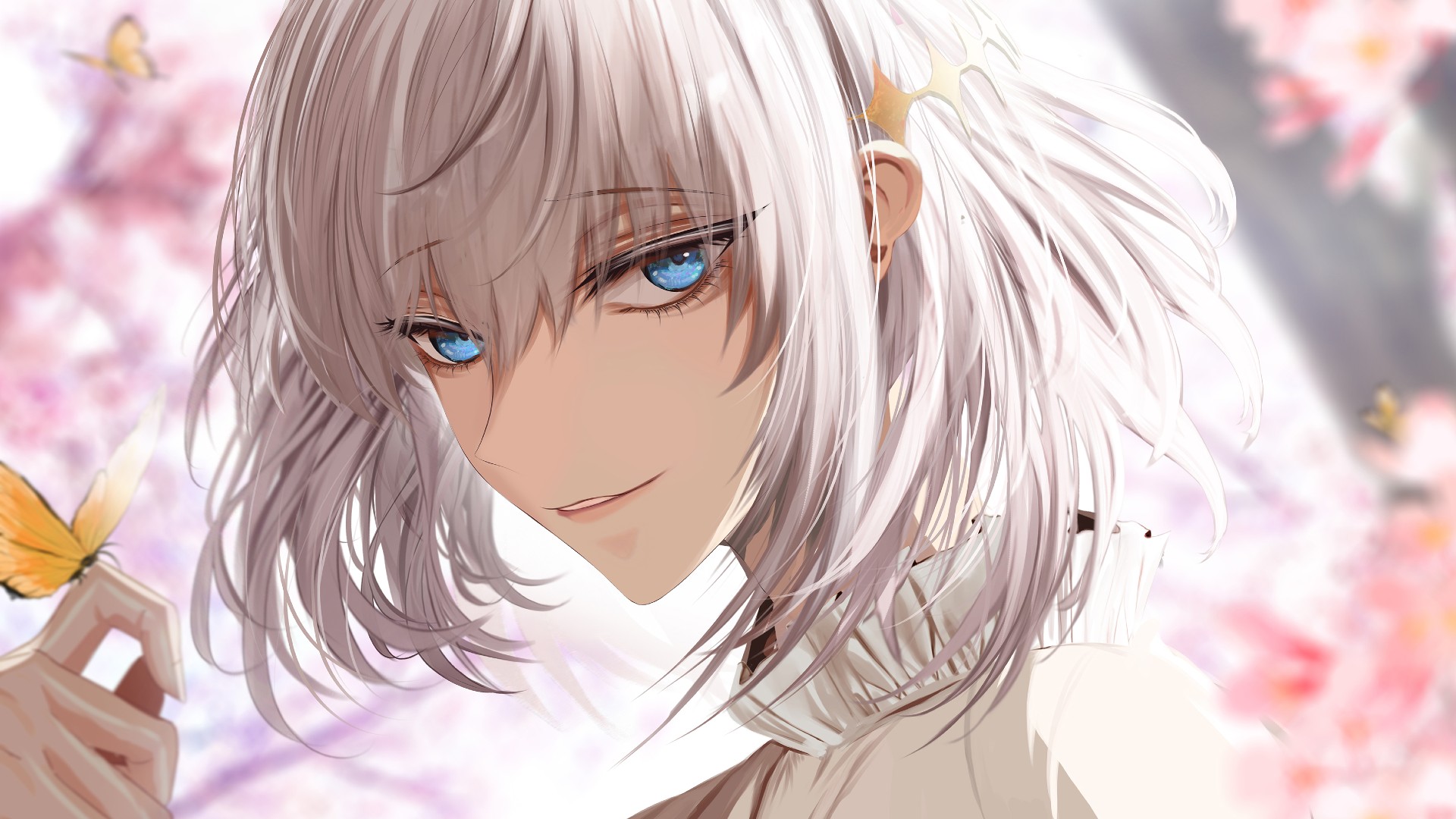 Anime 1920x1080 blue eyes silver hair short hair parted lips looking at viewer bright butterfly anime girls blurry background face closeup