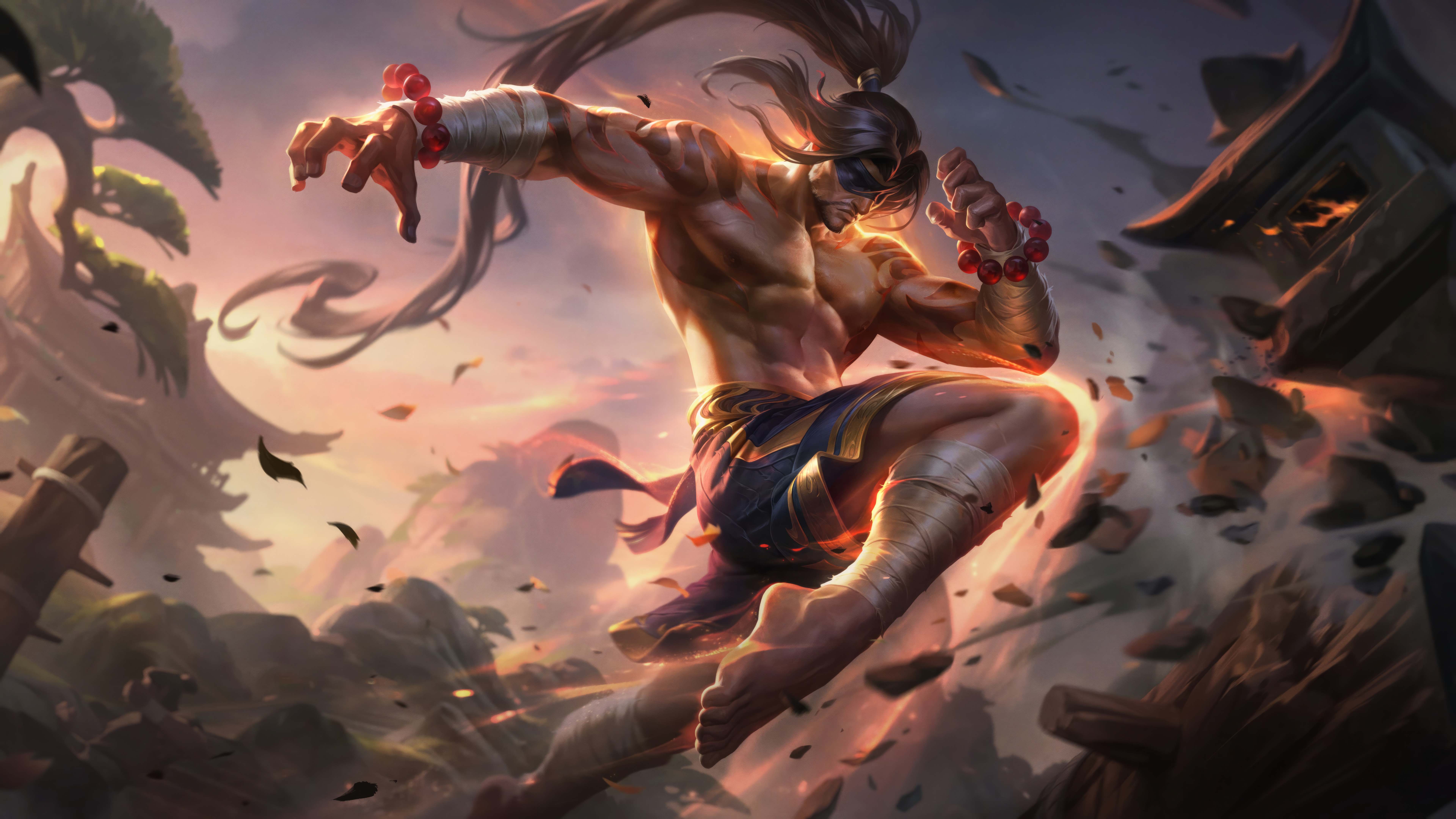 General 7680x4320 Lee Sin (League of Legends) video games GZG Riot Games digital art League of Legends sky video game characters 4K video game art ponytail video game men long hair sunset sunset glow bandages blindfold closed mouth beard pointed toes muscles