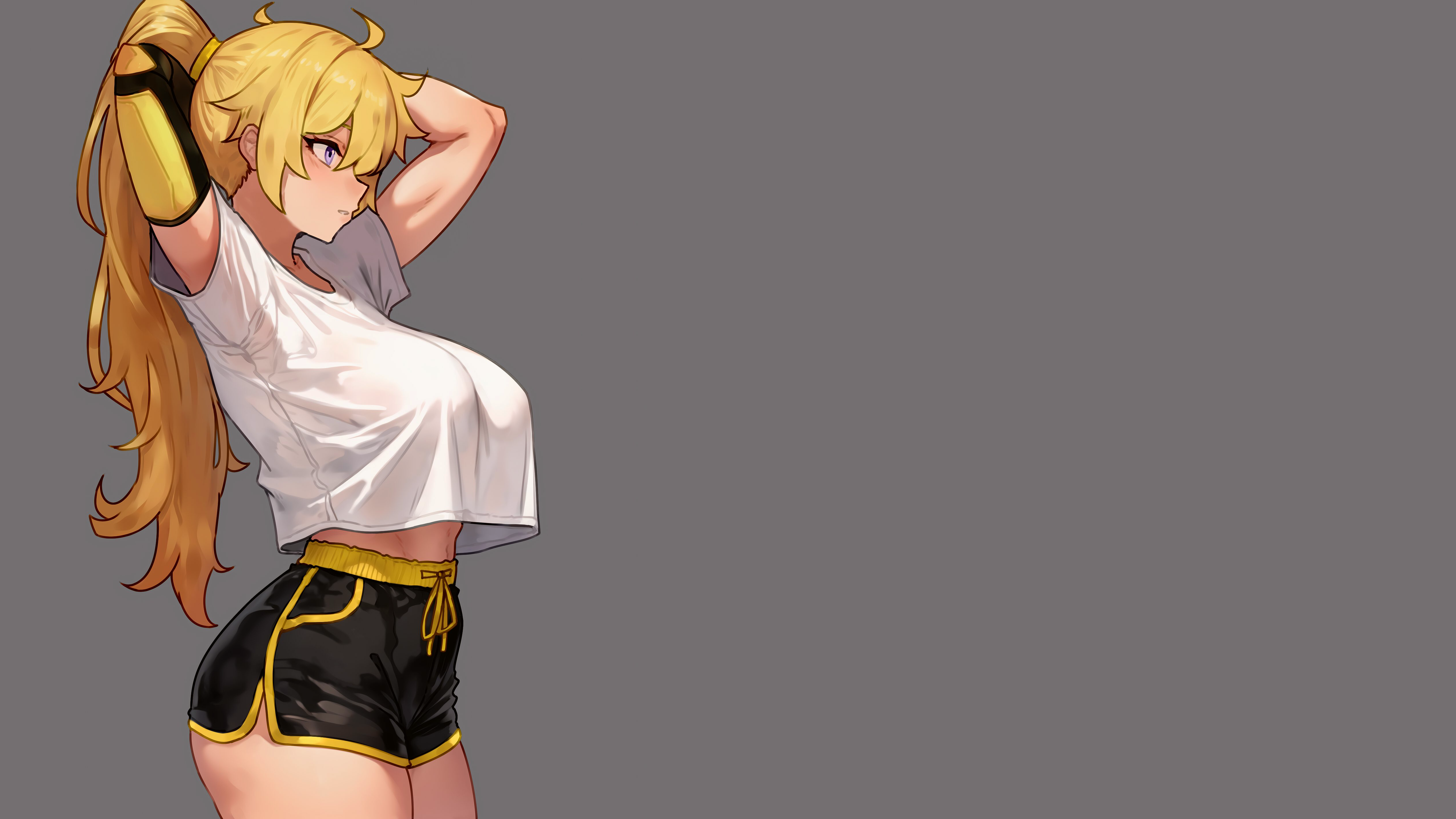 Anime 5063x2848 Yang Xiao Long RWBY boobs big boobs blonde short pants shorts black shorts ahoge arms up arm(s) behind head white shirt tight clothing belly bare midriff thighs thighs together nipple bulge elbow gloves crop top white tops shirt overhang simple background gray background machine mechanical arm ponytail long hair blushing muscular short sleeves minimalism gym clothes bangs blunt bangs purple eyes biceps