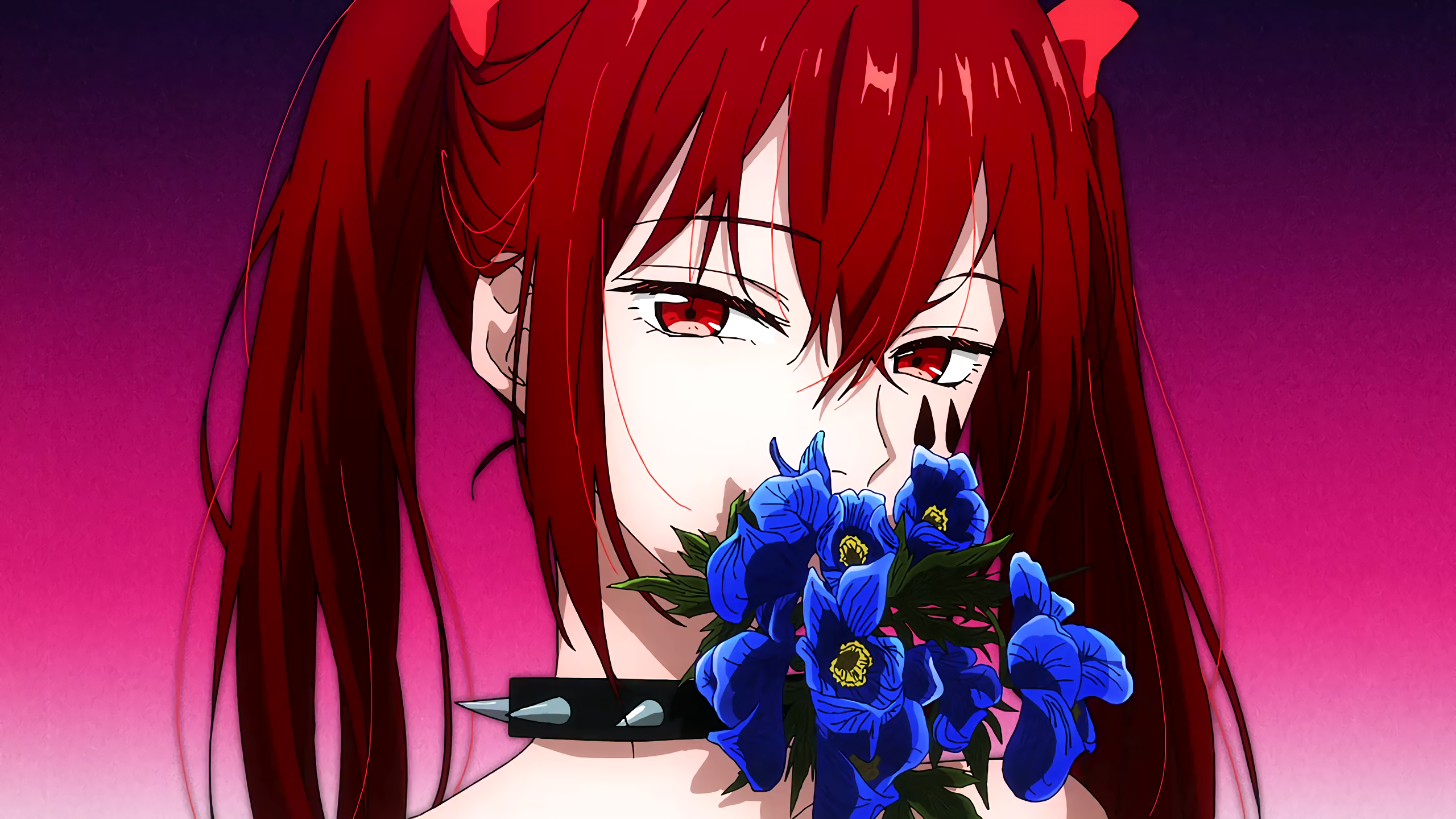 Anime 2560x1440 Mahou Shoujo Magical Destroyers anime girls flowers collar looking at viewer twintails long hair redhead red eyes simple background gradient leaves