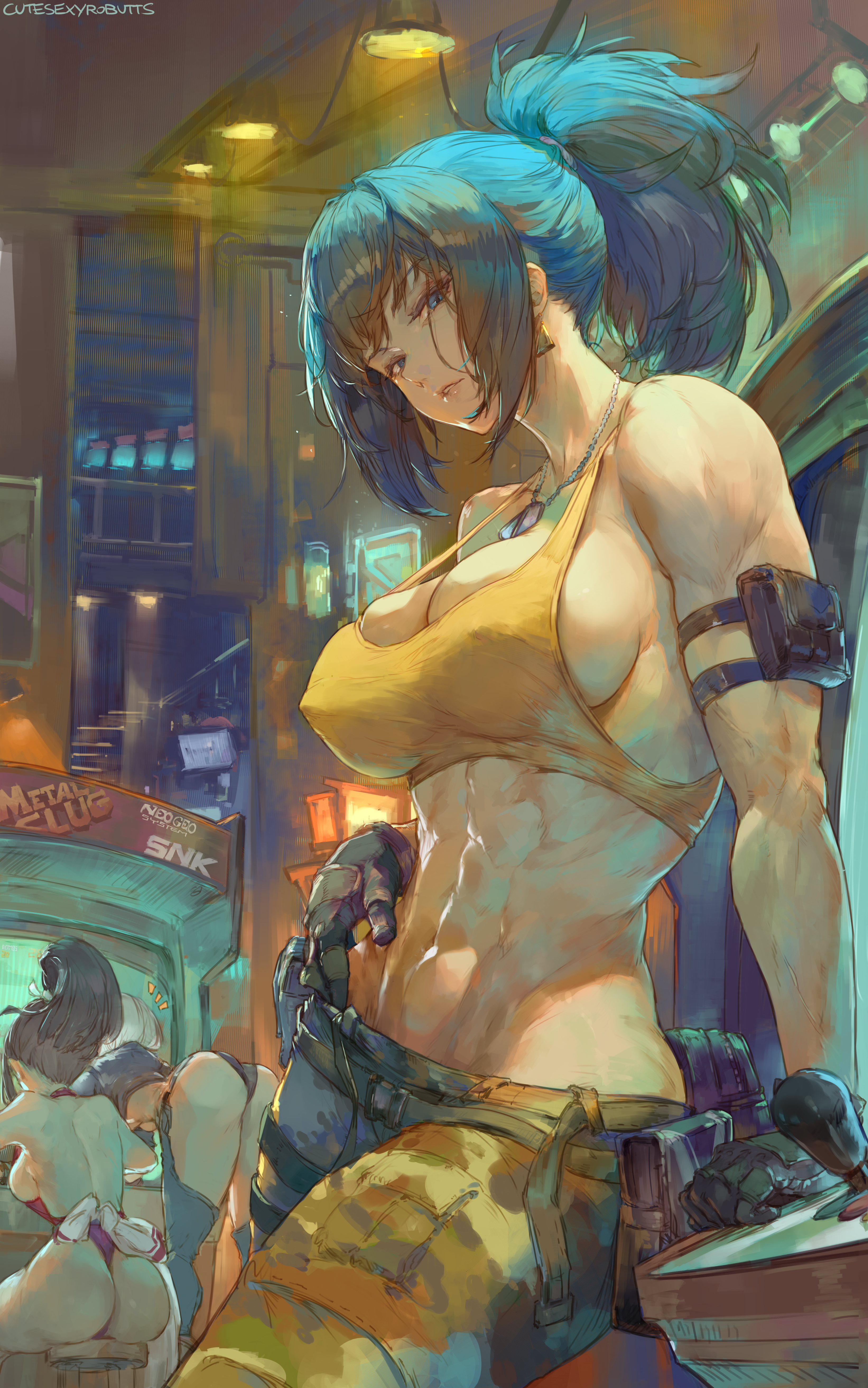 General 3285x5250 Leona Heidern Angel (KOF) King of Fighters video games video game girls video game characters fighting games 2D artwork drawing fan art Cutesexyrobutts SNK big boobs portrait display ponytail looking at viewer sideboob belly abs blue hair blue eyes ass bareback sitting bent over Mai Shiranui
