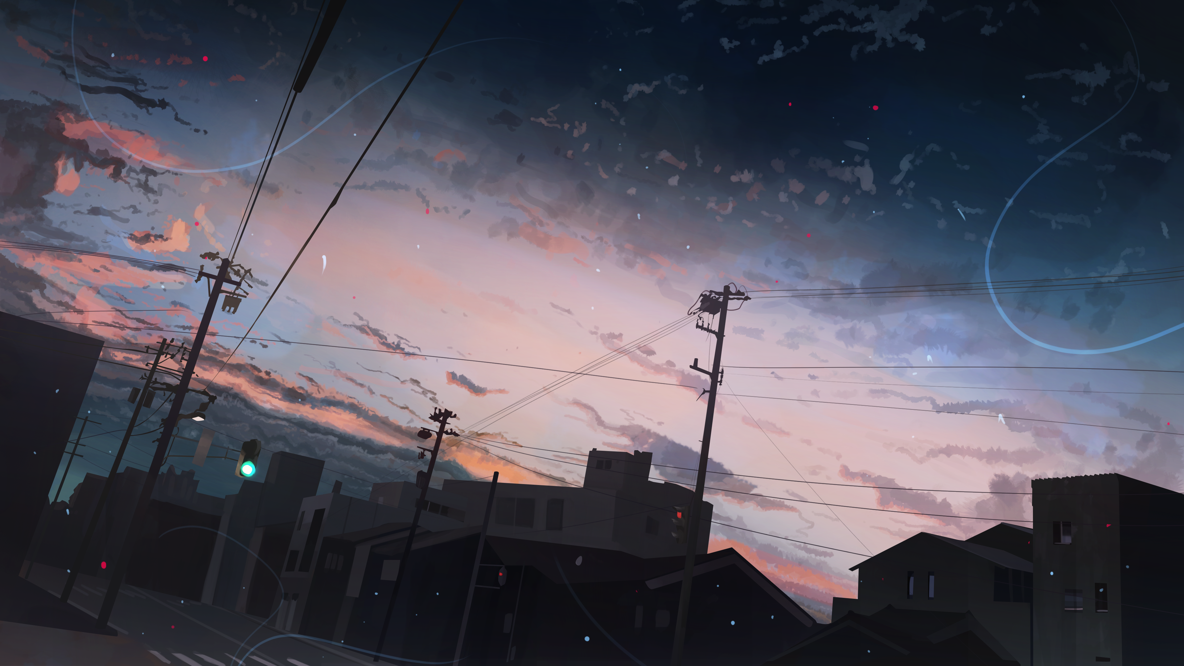 Anime 3840x2160 Pixiv artwork street sunset wires clouds traffic lights building sky city evening sunset glow Banishment