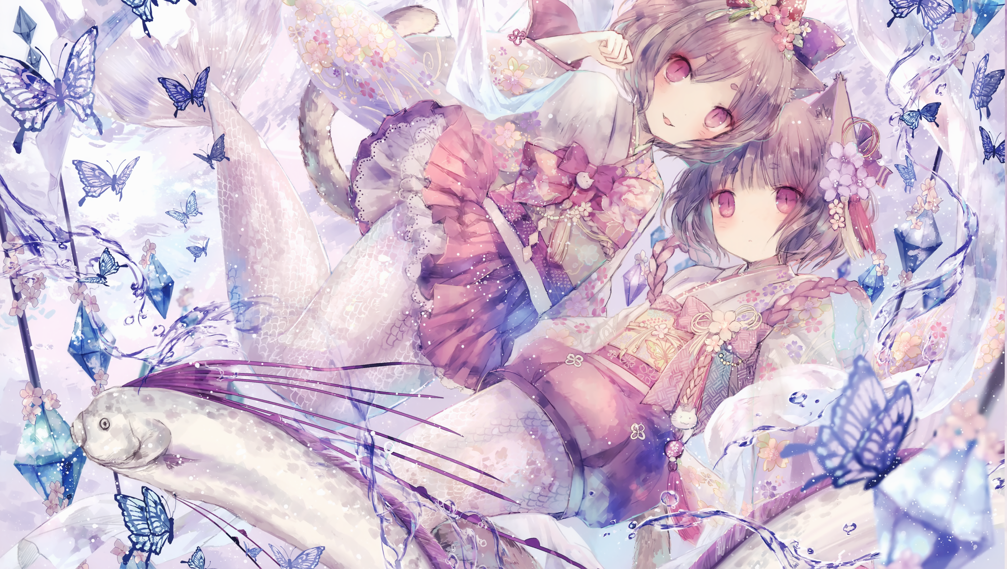 Anime 4129x2334 anime anime girls cat ears flowers flower in hair tail butterfly looking at viewer bow tie kimono short hair fish animals cat tail cat girl mermaids