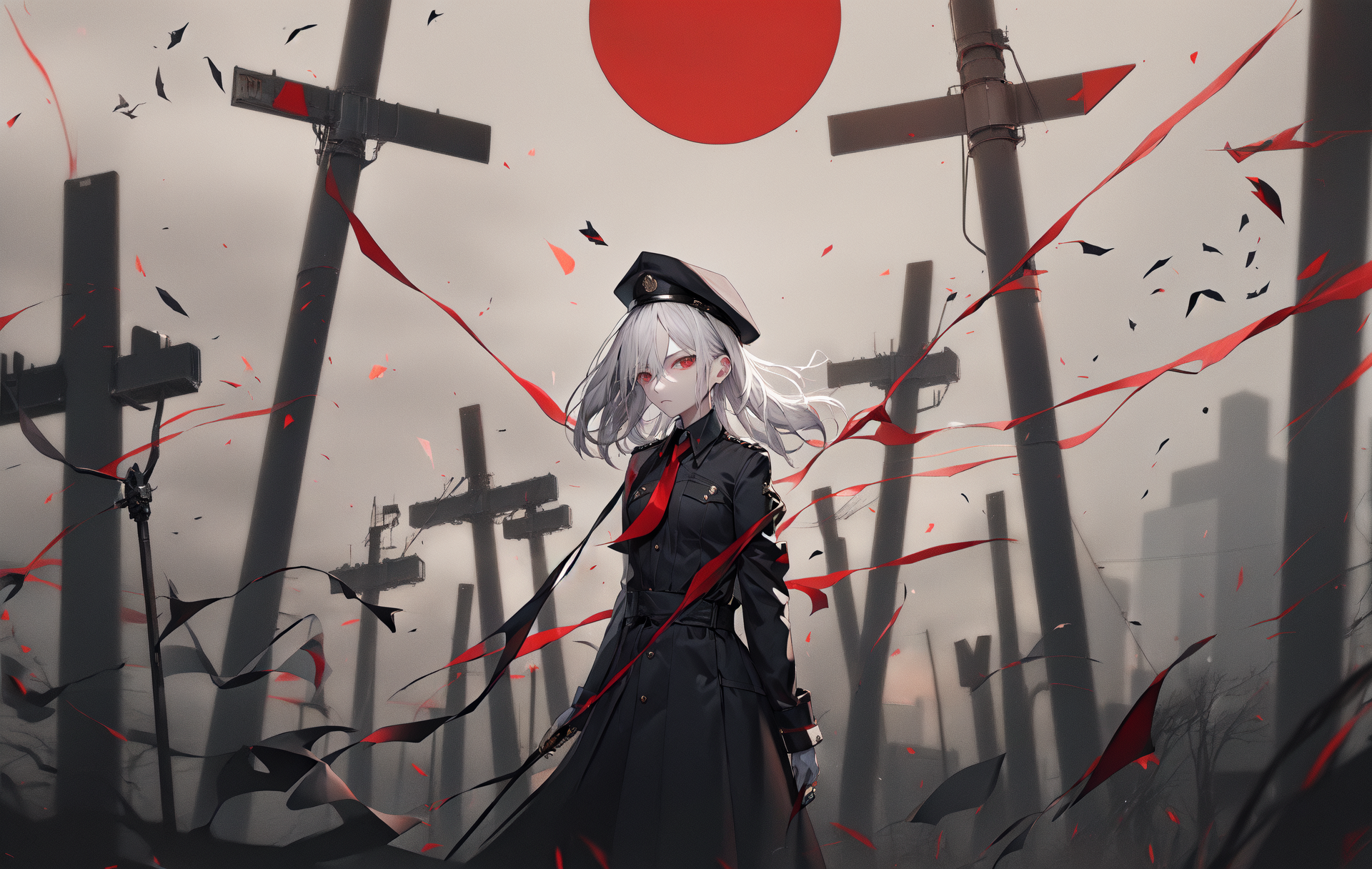 Anime 1920x1216 anime anime girls original characters red eyes white hair cross AI art looking at viewer hat uniform