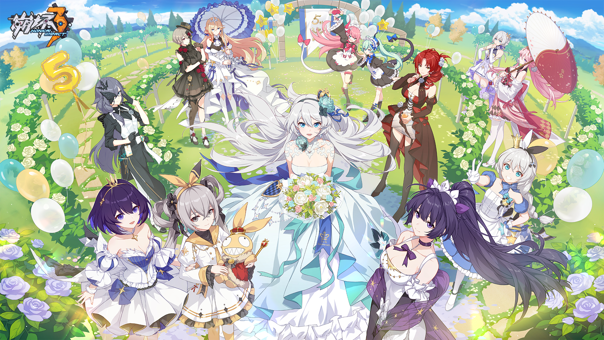 Anime 1920x1080 Honkai Impact anime games dress wedding dress flowers balloon grass looking at viewer peace sign umbrella choker gloves glasses smiling anniversary video games