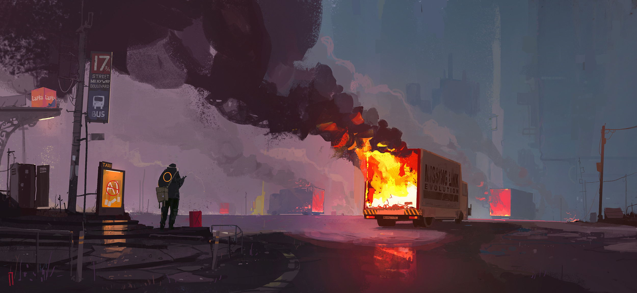 General 2500x1150 Ismail Inceoglu digital art artwork illustration street fire smoke truck vehicle