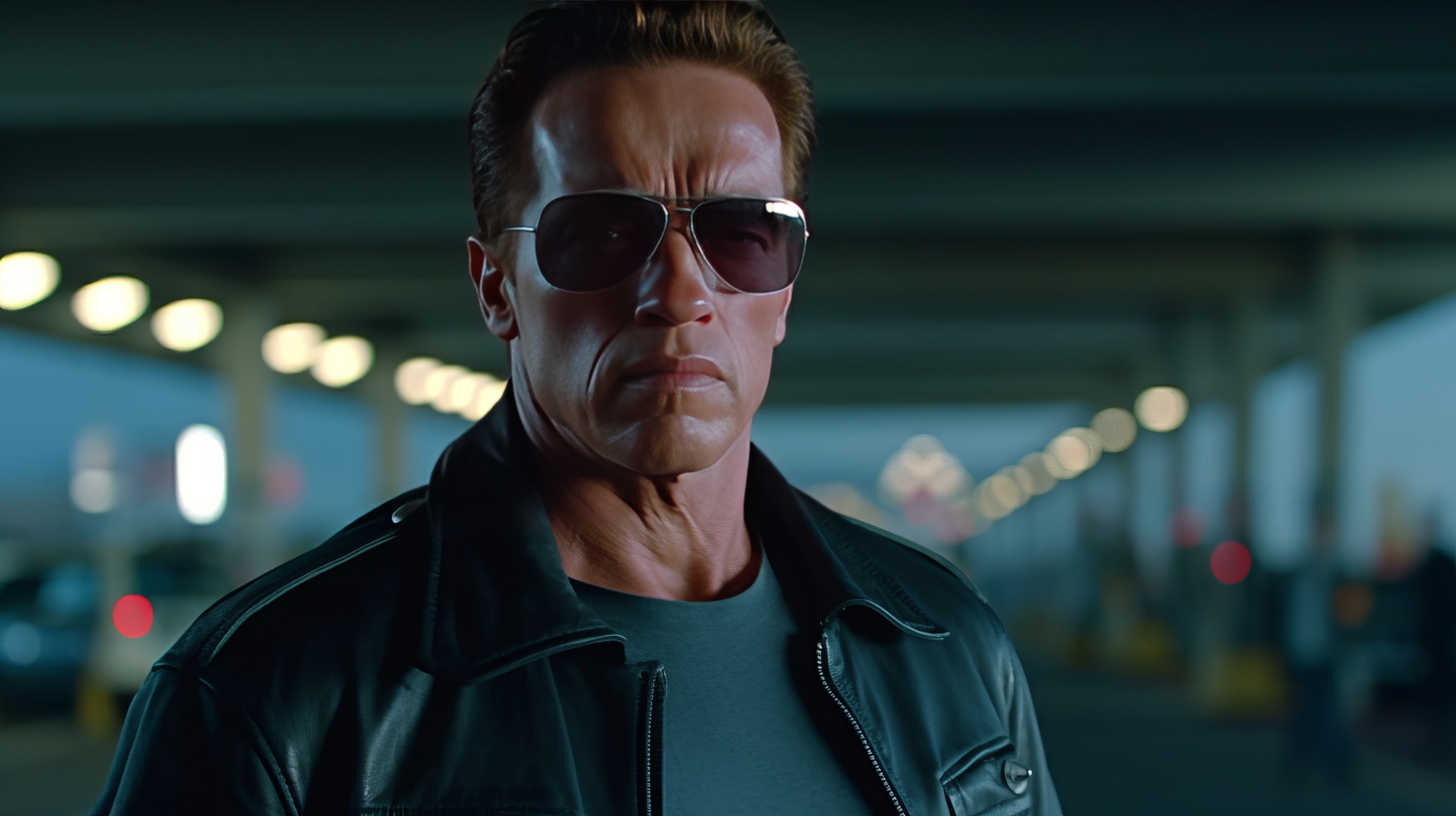 General 2912x1632 AI art Arnold Schwarzenegger Terminator men sunglasses jacket looking at viewer blurred blurry background