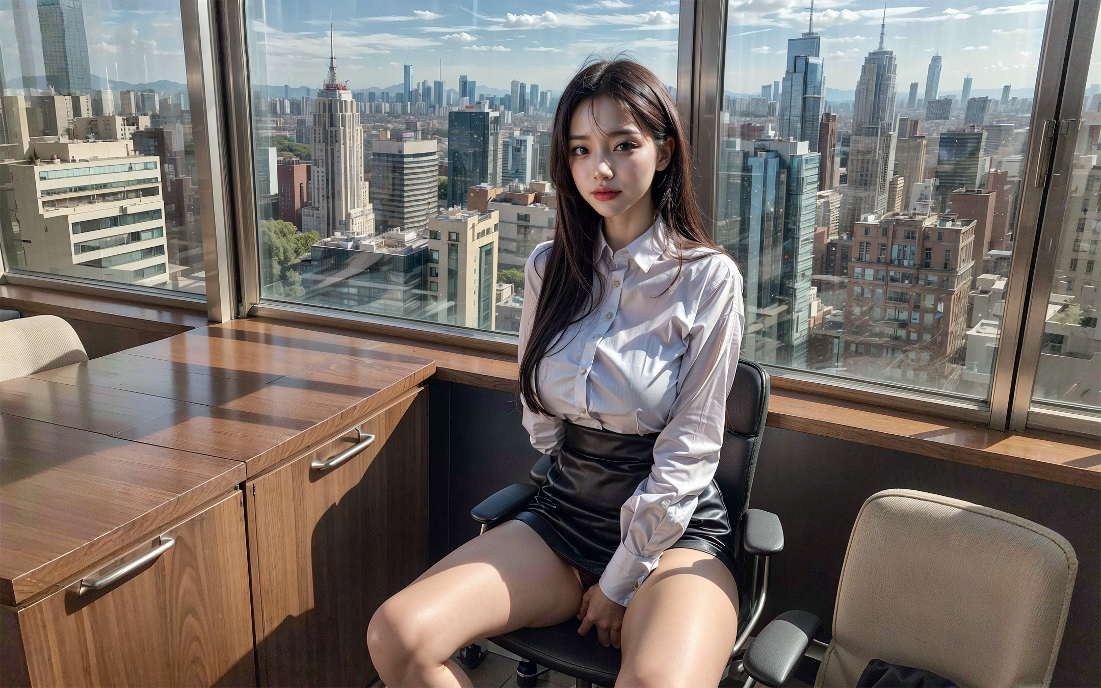 General 2160x1350 women office girl AI art Stable Diffusion digital art Bad Bro Asian sitting window chair city building clouds cityscape long hair looking at viewer panties sky