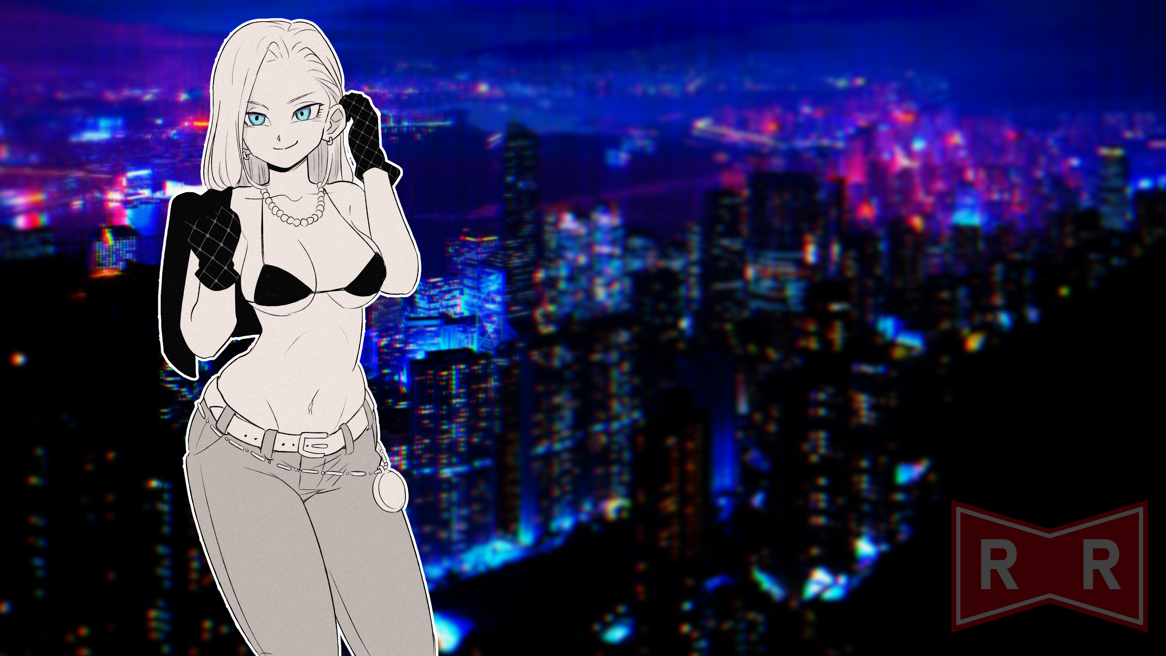 Anime 3840x2160 Dragon Ball Z Android 18 monochrome selective coloring jeans denim belt anime girls bra black bras jacket black jackets gloves black gloves blue eyes long hair necklace smiling looking at viewer bare midriff belly belly button city night sky skyline bokeh night building skyscraper bare shoulders red ribbon army earring pearl necklace city lights