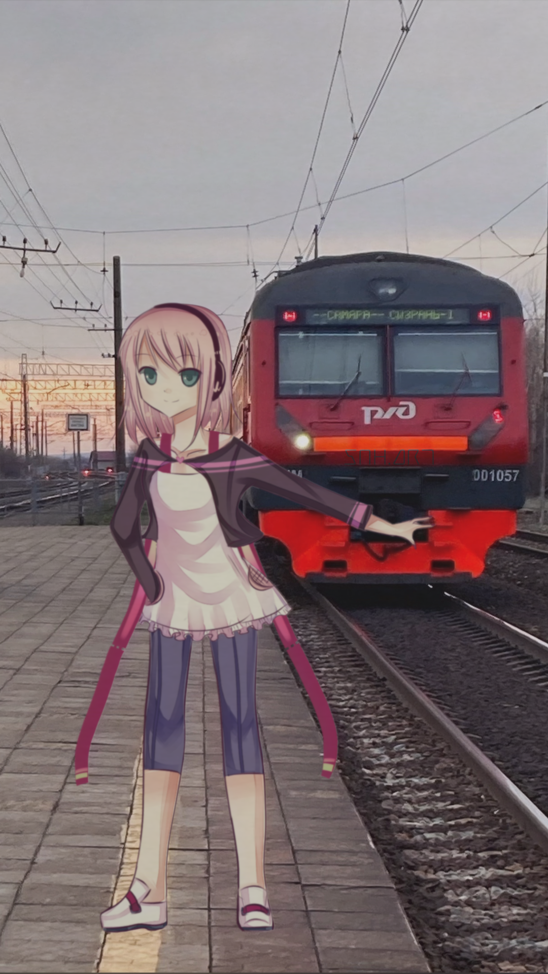 Anime 1080x1920 animeirl train station railway suburb Russia anime girls portrait display looking at viewer