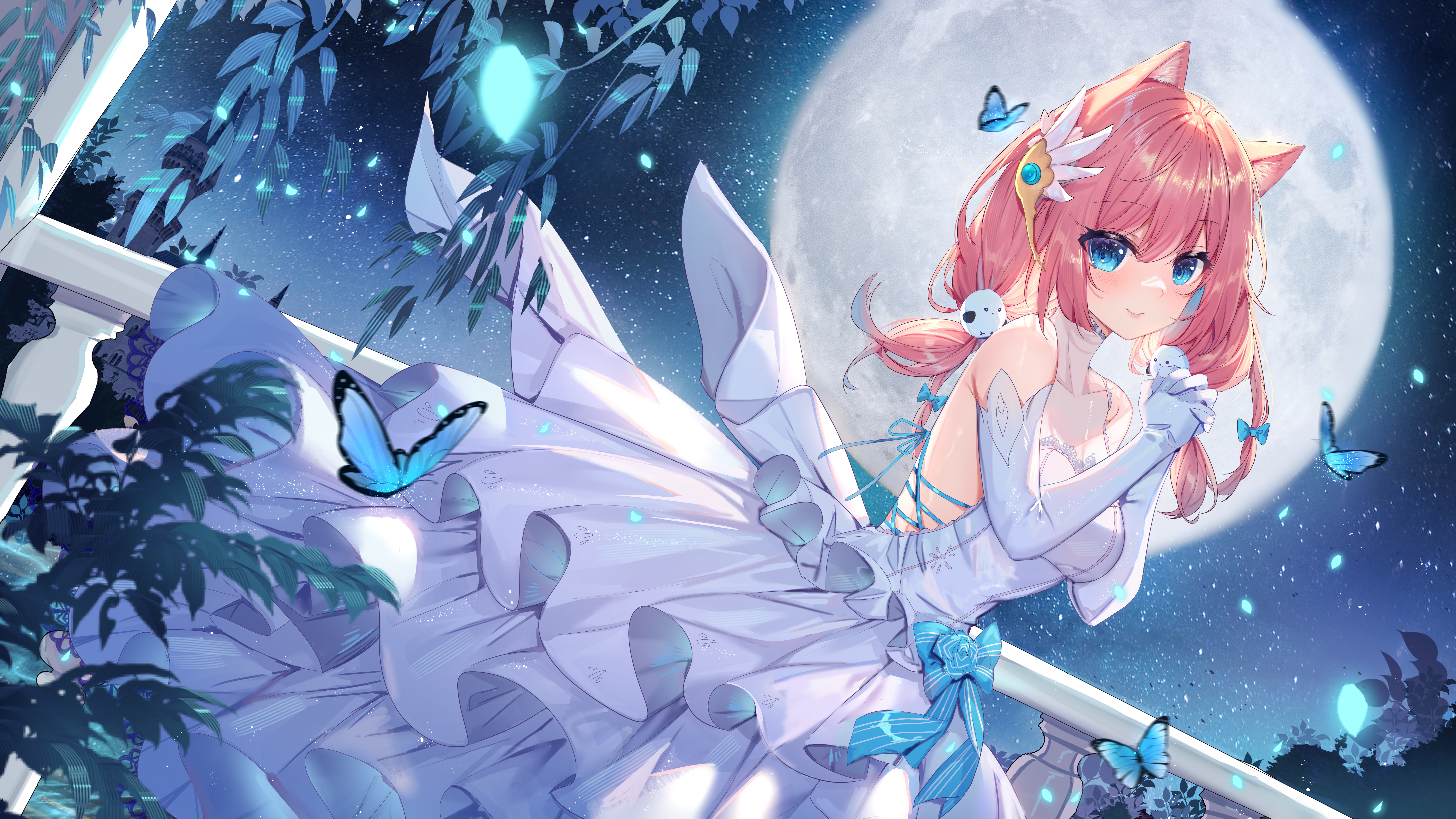 Anime 8812x4956 anime anime girls dress elbow gloves looking at viewer smiling Moon leaves blue eyes fox girl fox ears butterfly stars sky night bow tie balcony white gloves white dress