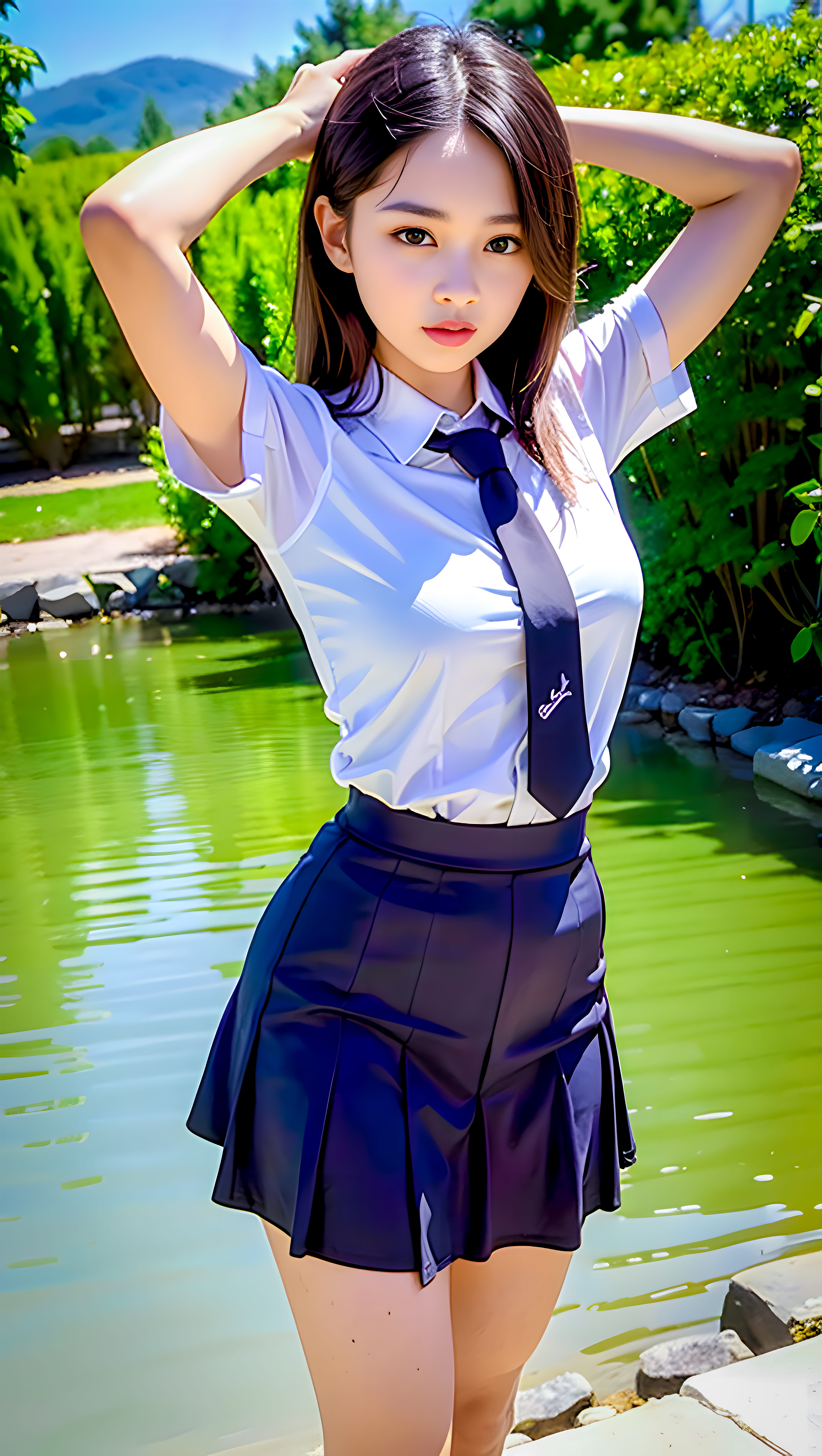 Anime 5376x9523 AI art Asian women portrait display water schoolgirl school uniform looking at viewer