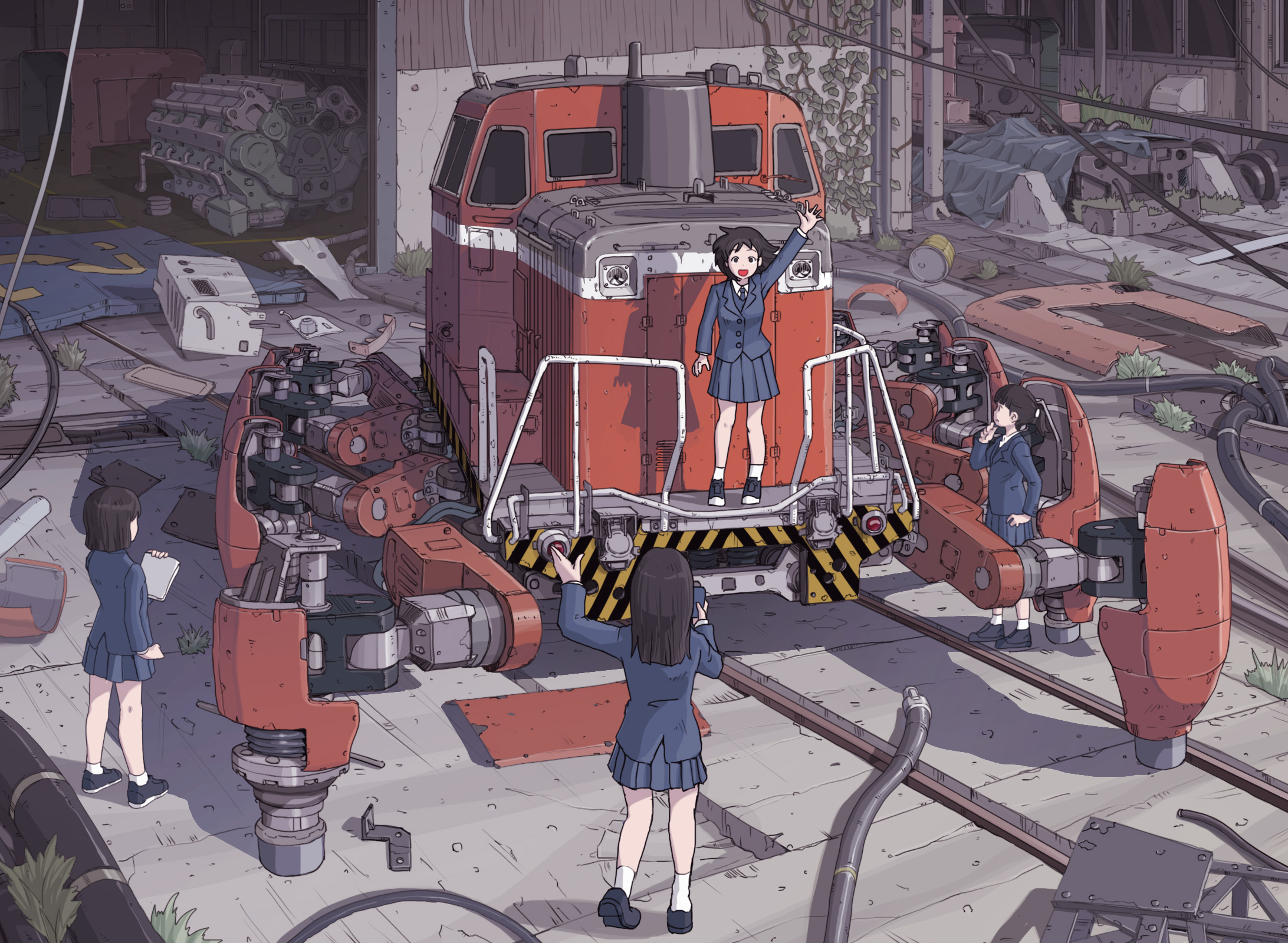 Anime 2184x1600 anime girls mechs garage schoolgirl school uniform