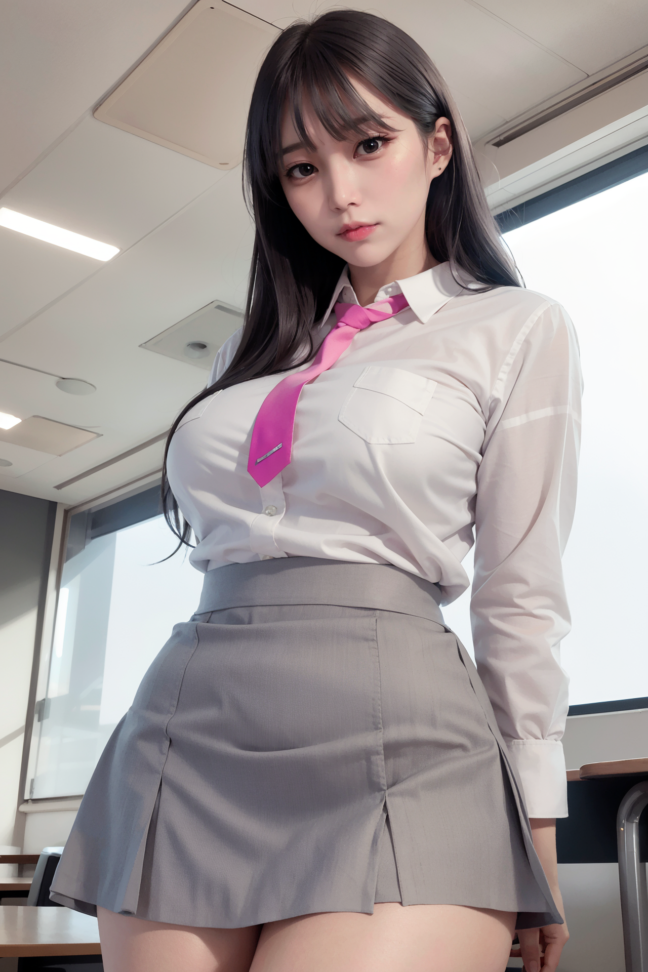 General 1280x1920 women Asian AI art Stable Diffusion brunette school uniform shirt miniskirt classroom SanKo tie portrait display schoolgirl looking at viewer