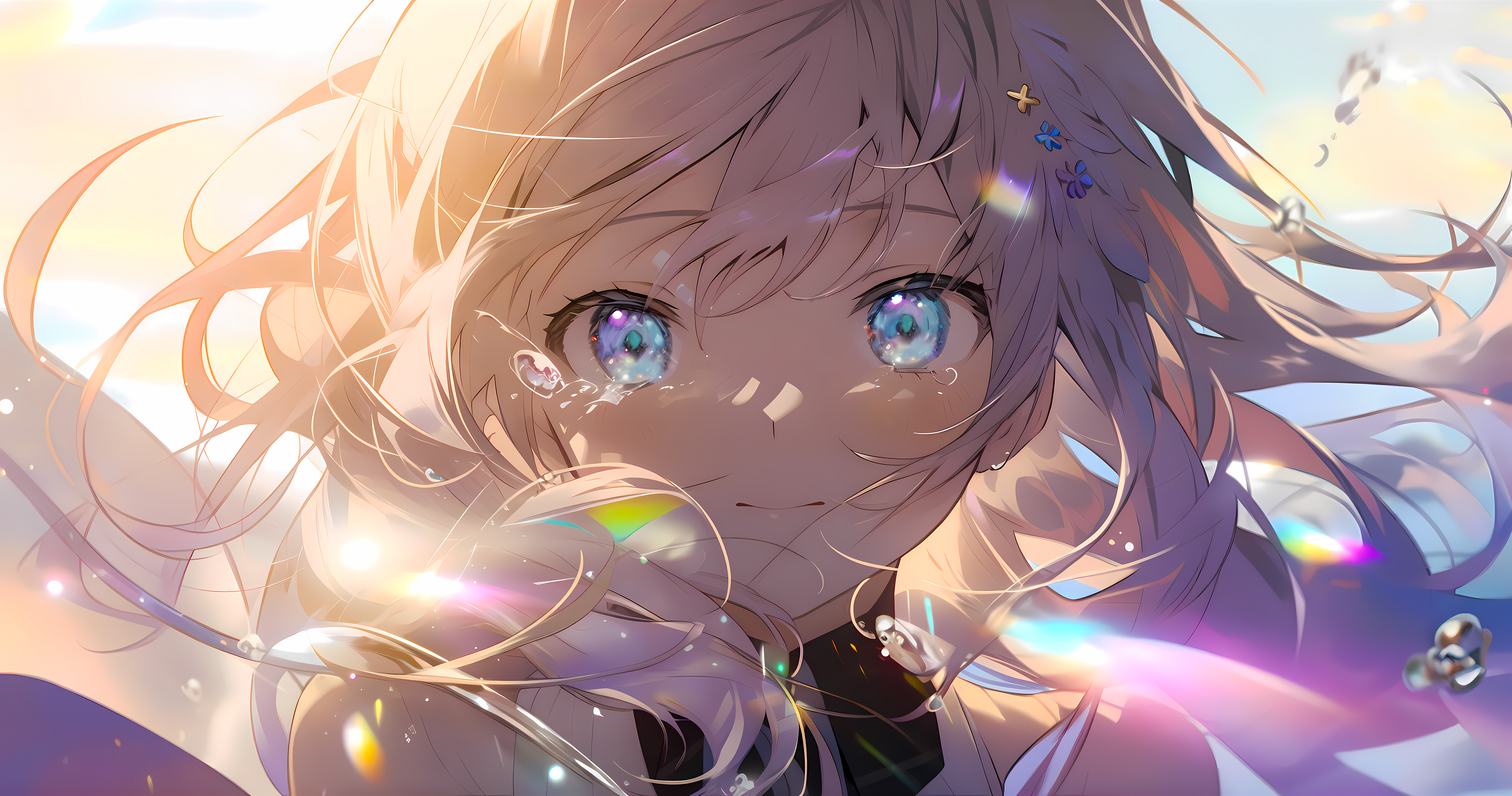 Anime 4631x2439 AI art lens flare blue eyes long hair tears looking at viewer smiling hair ornament blushing frontal view multi-colored eyes anime girls crying sunlight