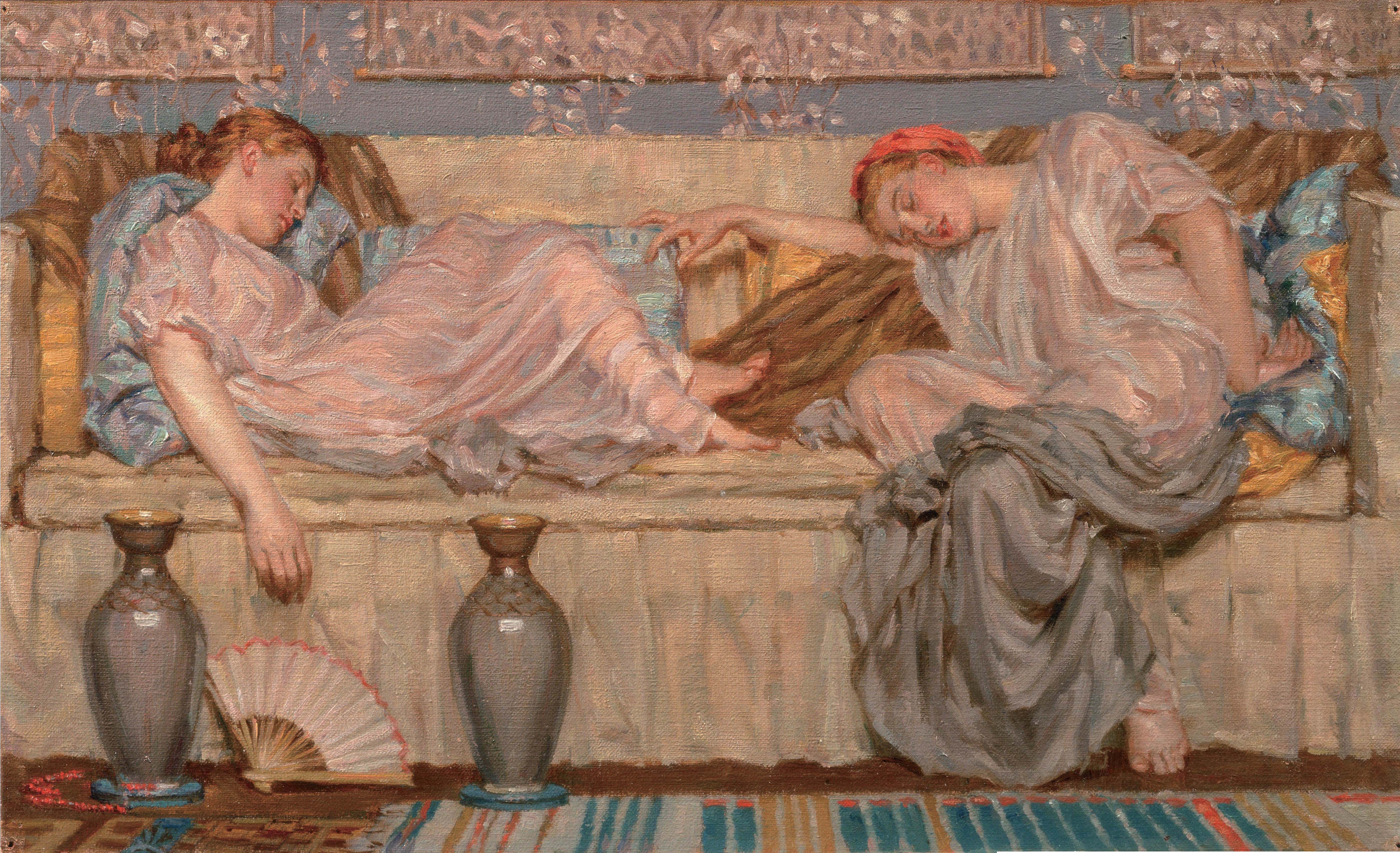 General 5612x3419 Oil on canvas oil painting Albert Joseph Moore women sleeping couch closed eyes artwork classic art vases fans