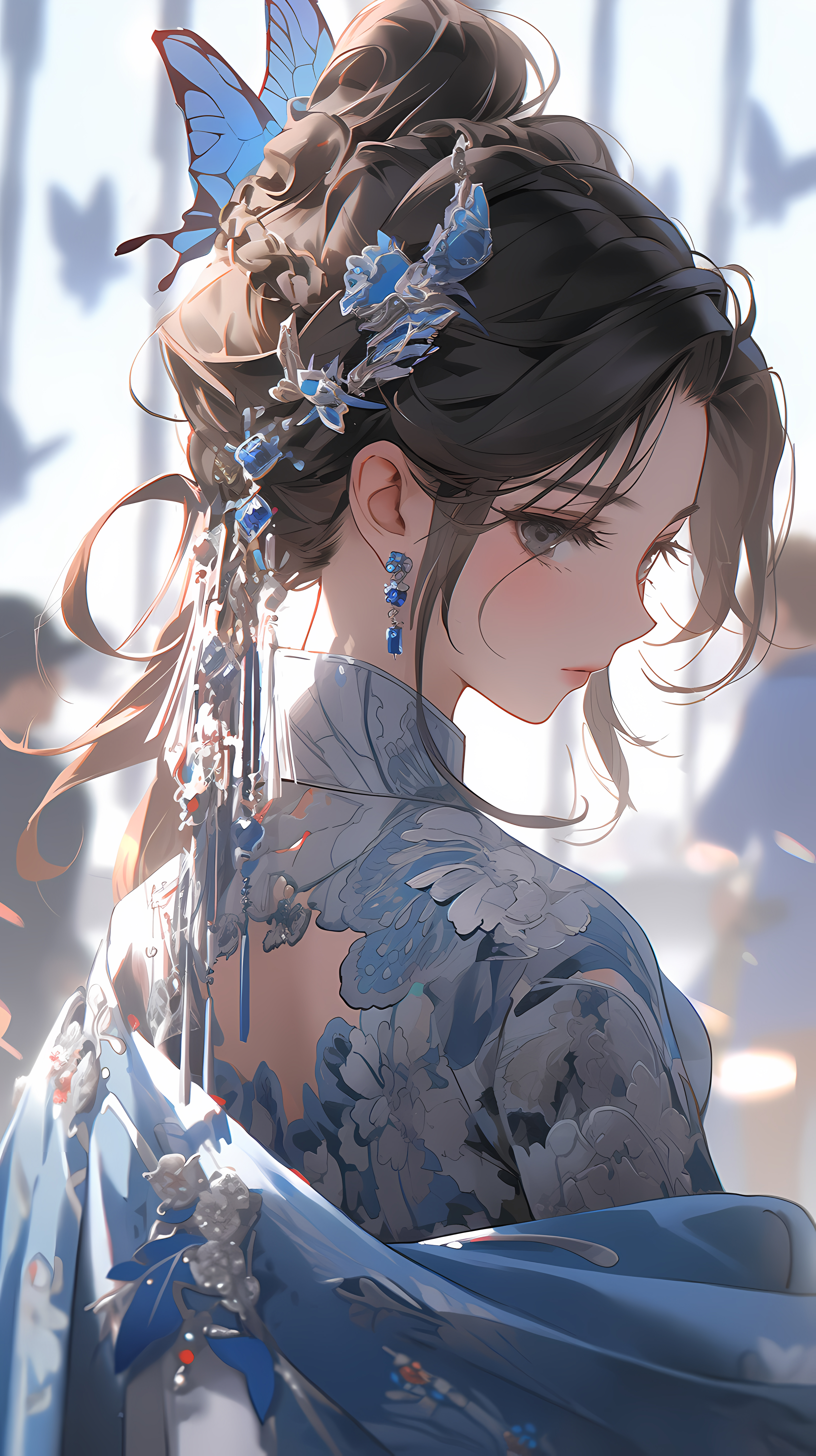 Anime 3264x5824 anime anime girls AI art portrait display earring looking back looking at viewer butterfly wings long hair