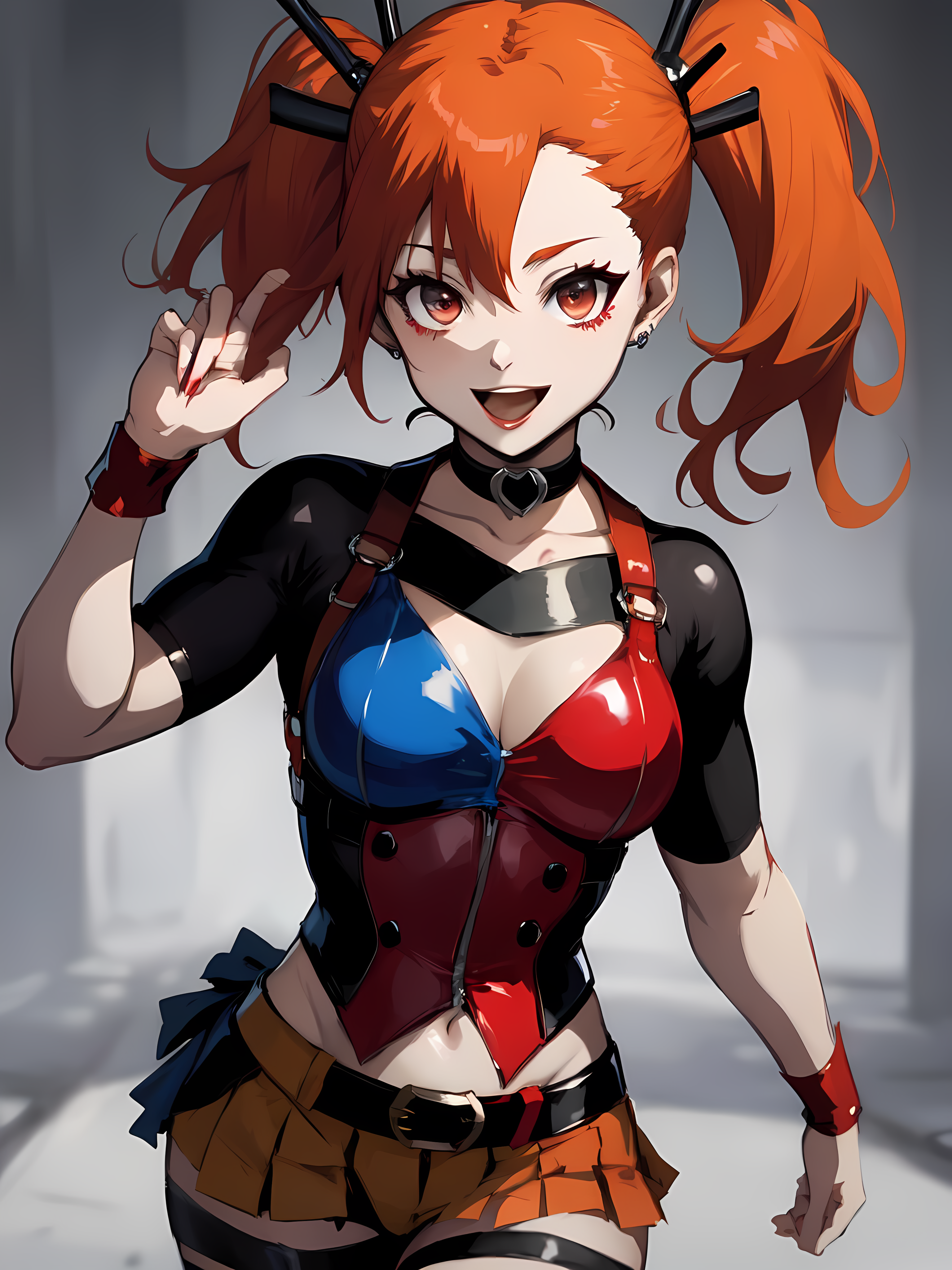 Anime 3072x4096 AI art anime girls DC Comics Harley Quinn twintails redhead looking at viewer cleavage portrait display skirt