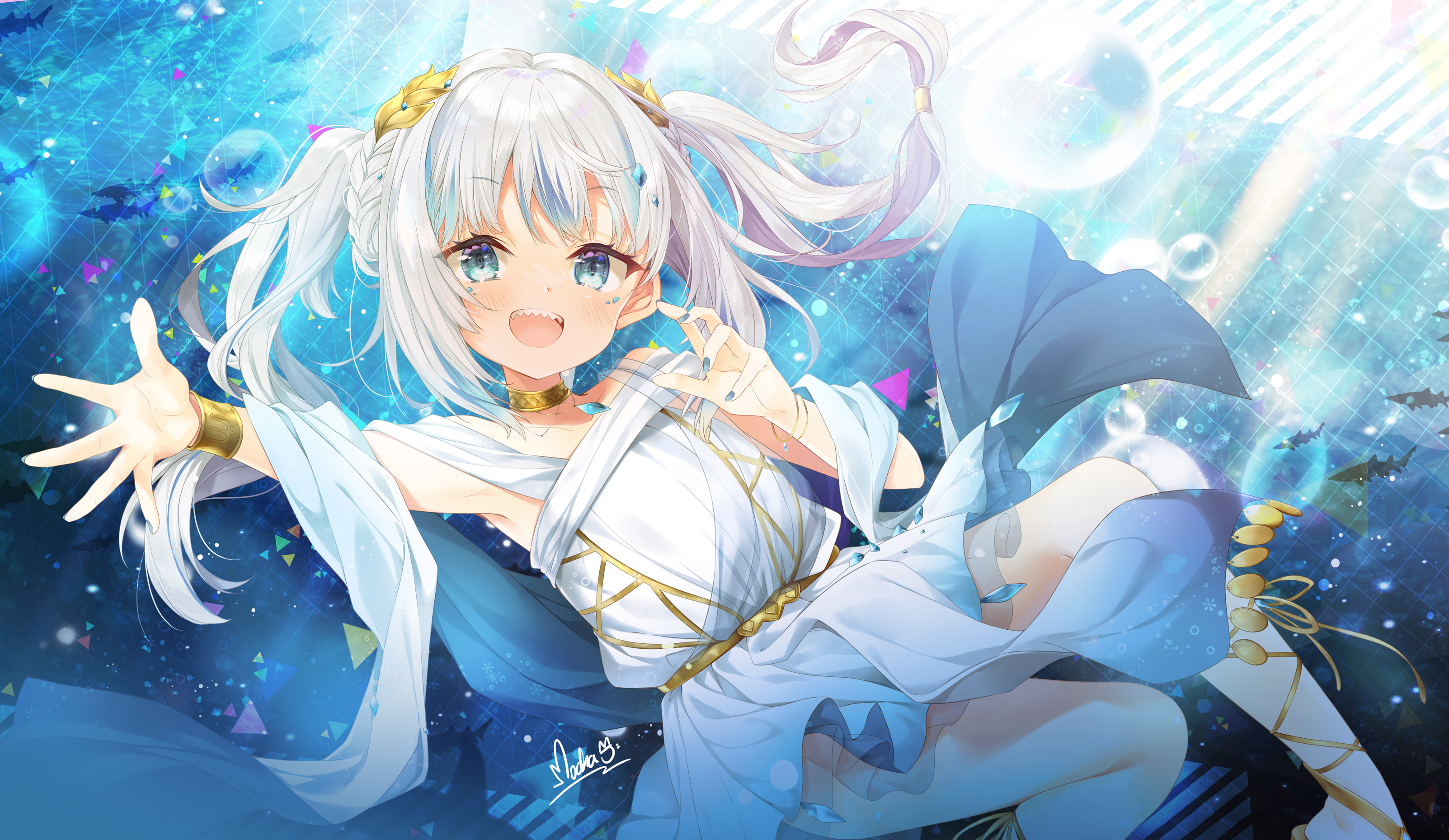 Anime 3206x1858 anime anime girls fish looking at viewer Gawr Gura Hololive Virtual Youtuber water bubbles two tone hair twintails braids arms reaching open mouth sunlight