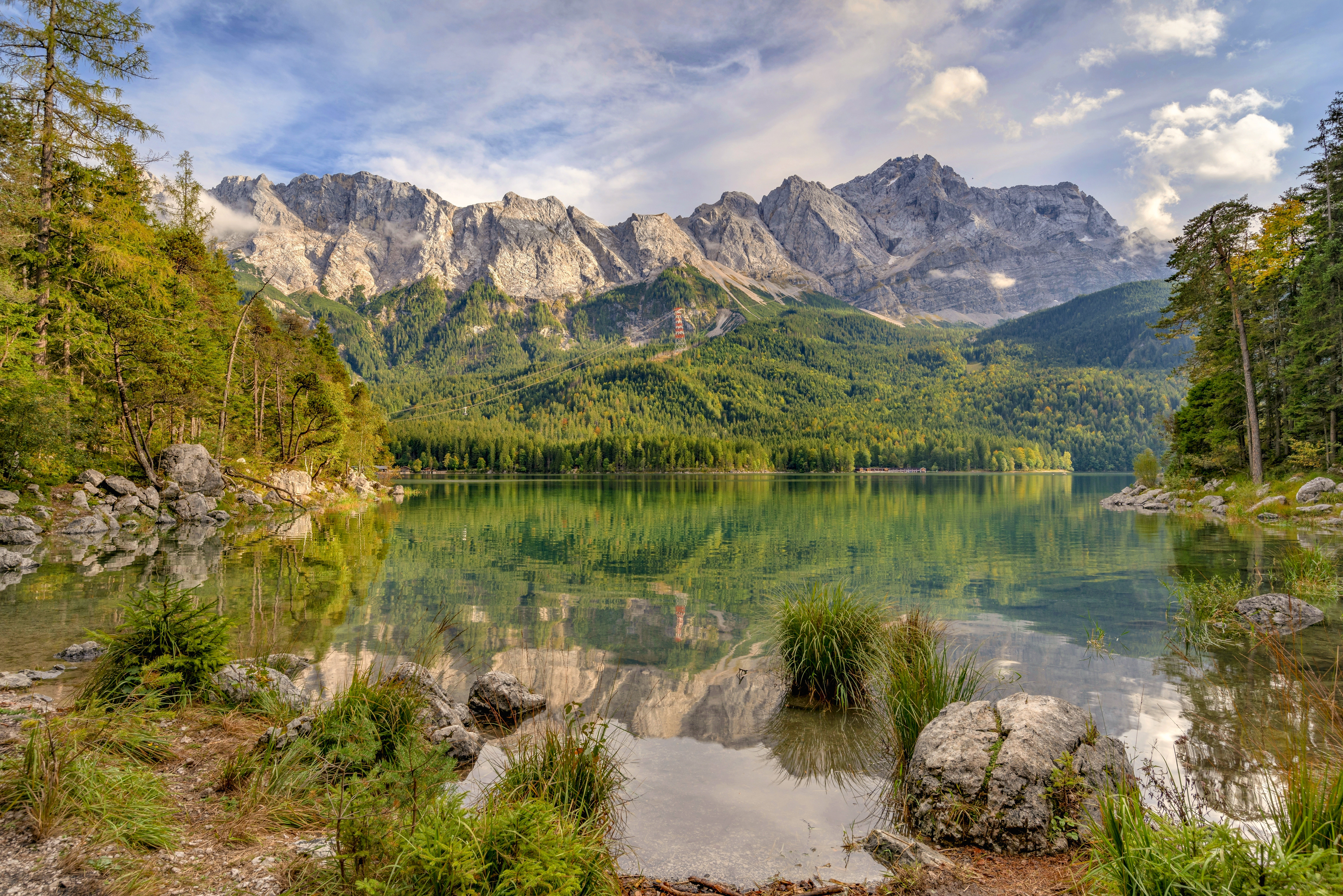 General 6143x4100 nature landscape mountains sky clouds trees plants grass rocks water reflection forest power lines Lake Eibsee Germany