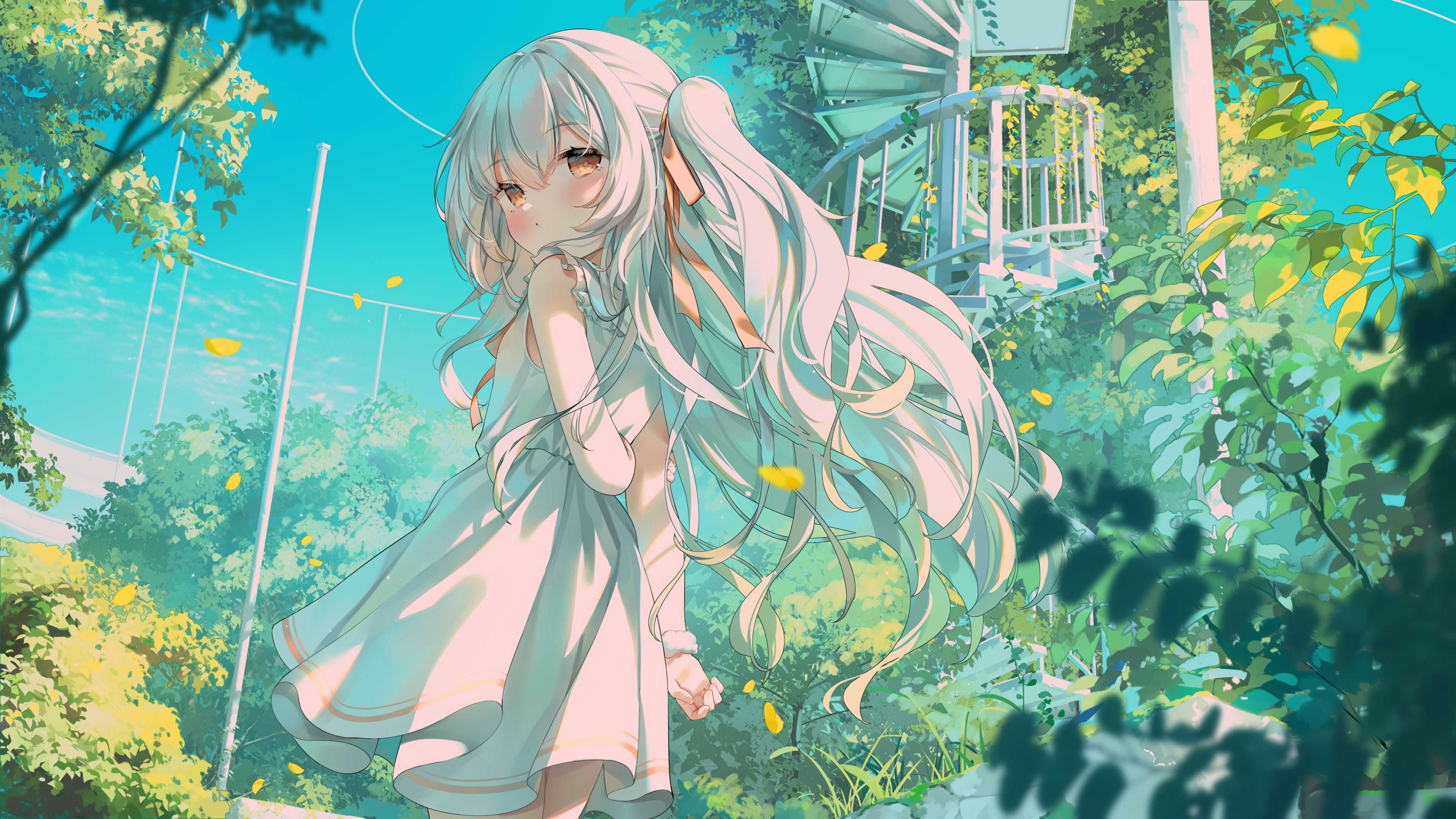 Anime 3840x2160 anime anime girls loli white hair twintails white dress shy grass trees leaves Chen Bin Virtual Youtuber