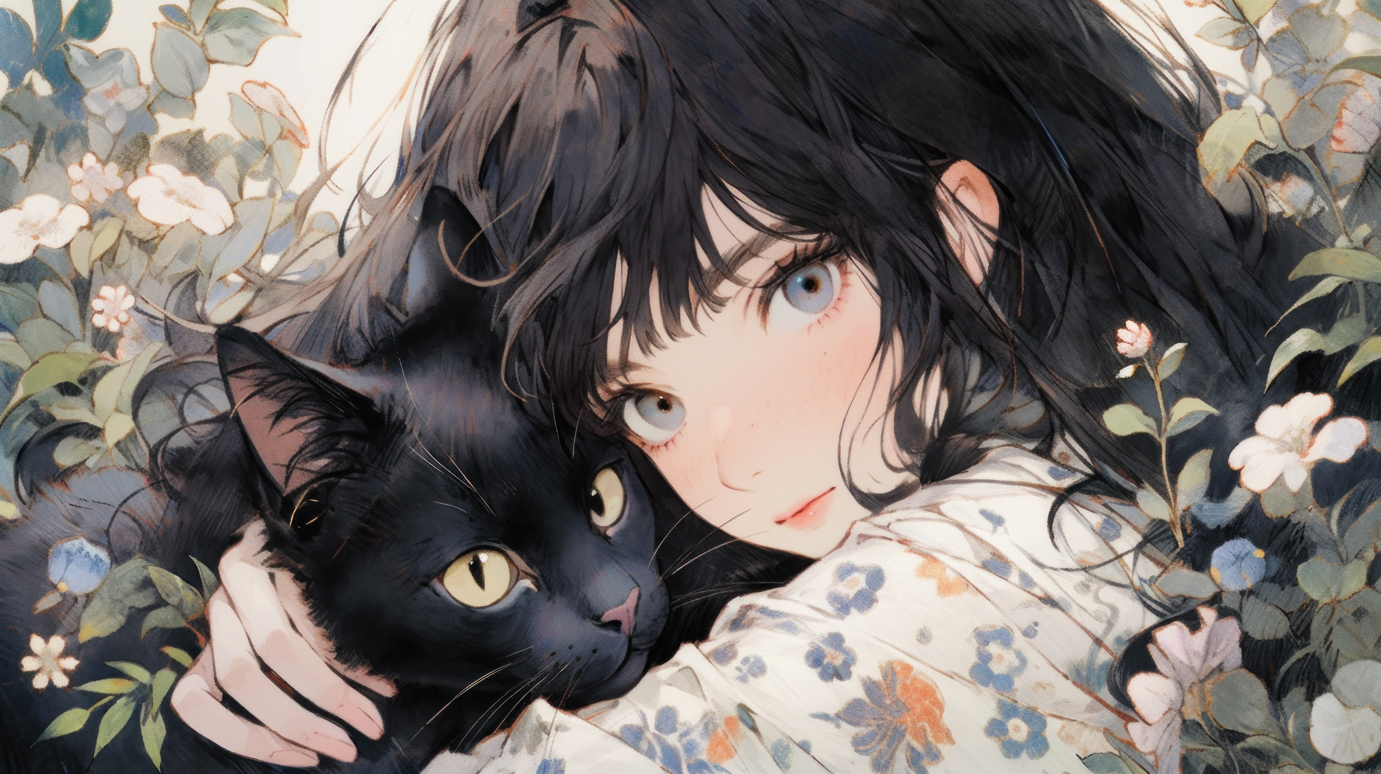 Anime 4630x2595 AI art ink cats black cats blue eyes flowers hugging