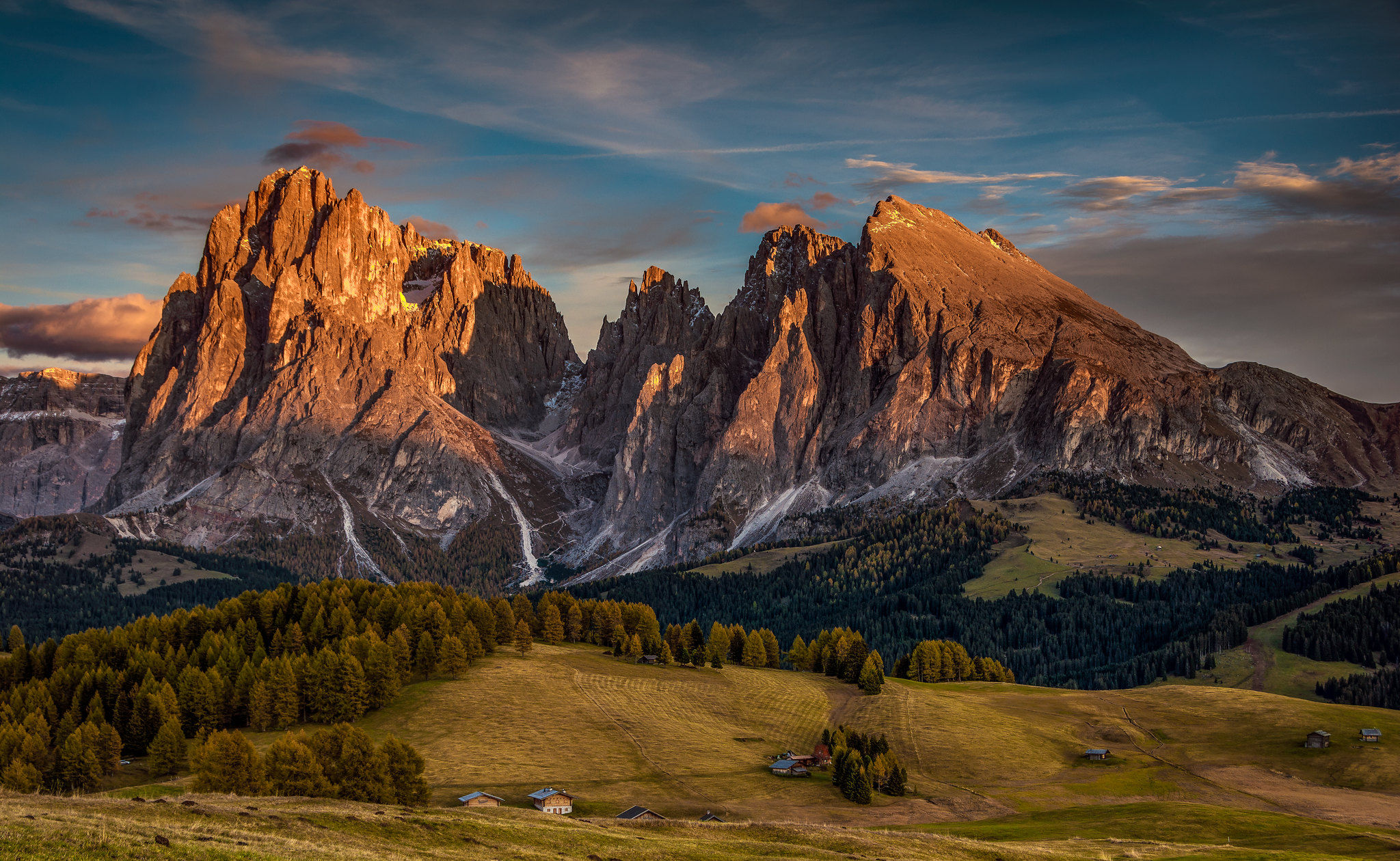 General 2048x1260 nature landscape house village mountains clouds sky trees sunlight field hills sunset Dolomites Italy