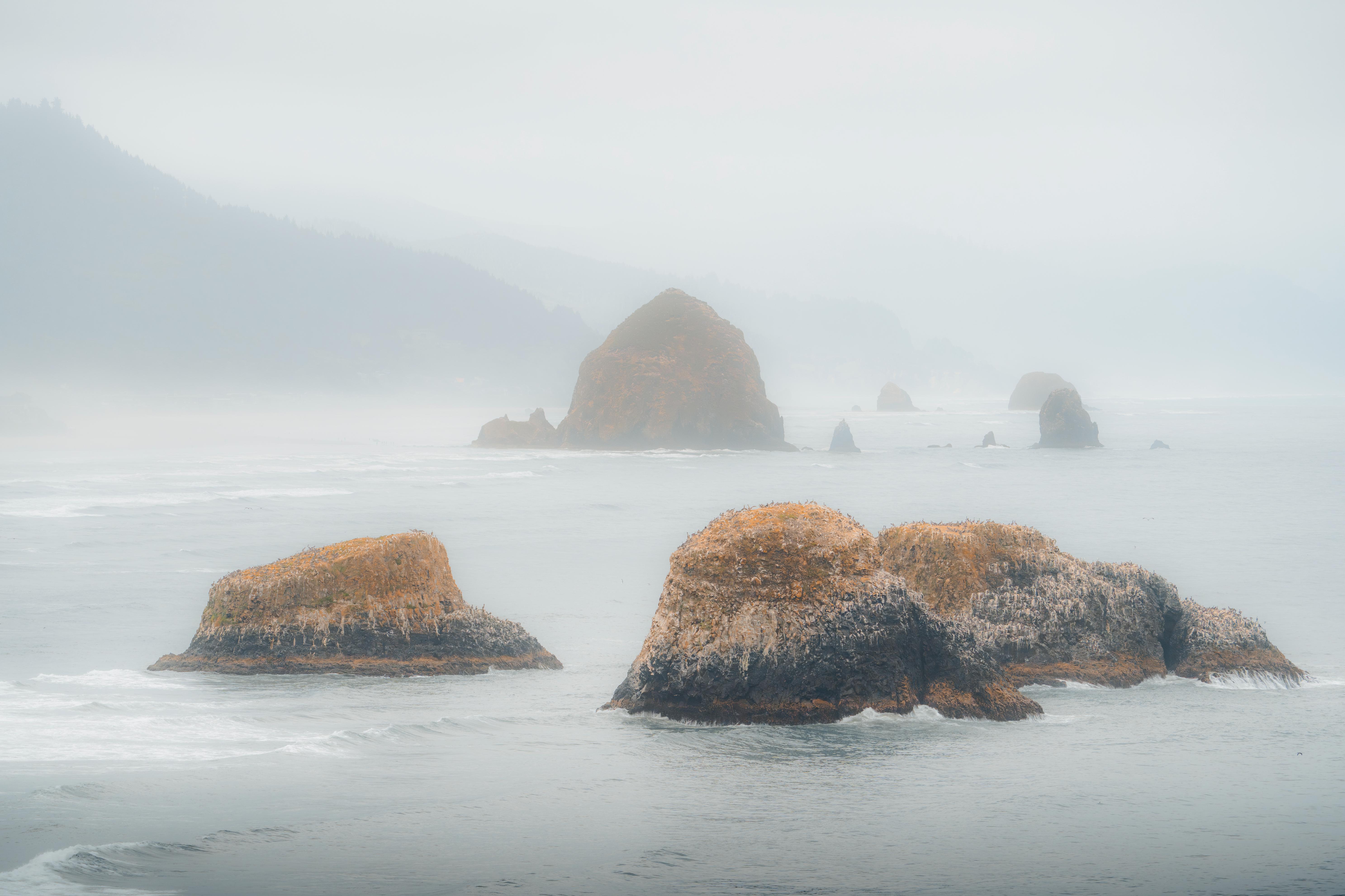 General 5947x3964 mist landscape nature island sea birds coast USA Oregon North America Haystack Rock Pacific Ocean