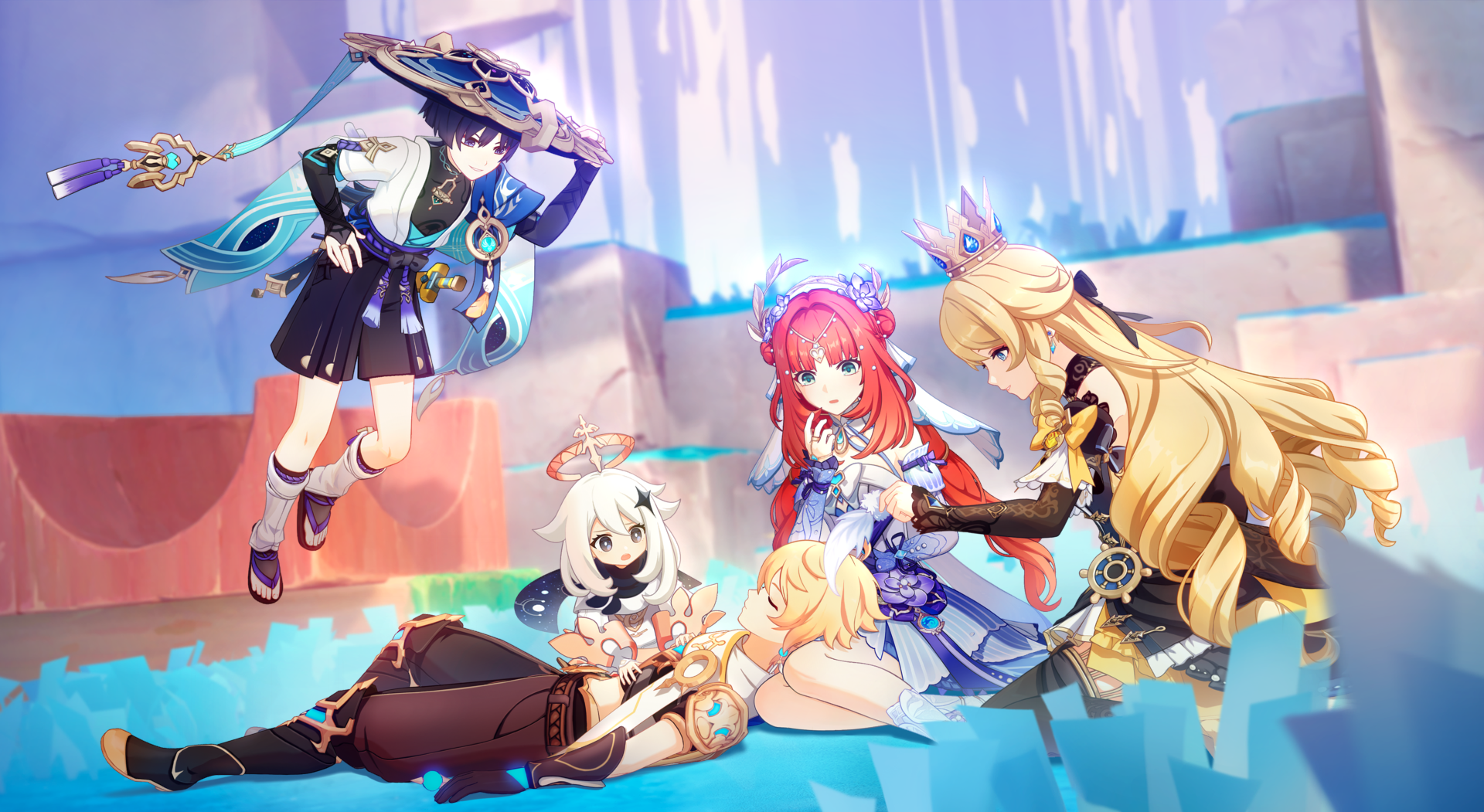 Anime 1920x1051 Genshin Impact summertides scales and tales Navia (Genshin Impact) Nilou (Genshin Impact) Wanderer (Genshin Impact) Paimon (Genshin Impact) Aether (Genshin Impact) event